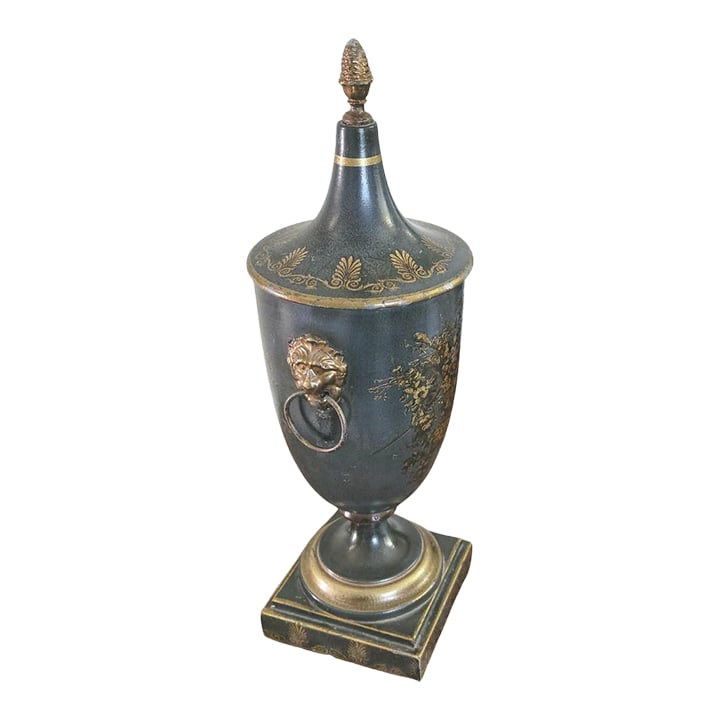 Antique Italian Regency Period Toleware Chestnut Urn With Cover, Signed: A finely proportioned Regency period toleware chestnut urn and cover of classical design, featuring a decoupaged gilt fruit basket framed by a laurel wreath and foliate motifs set against a blue-gray 