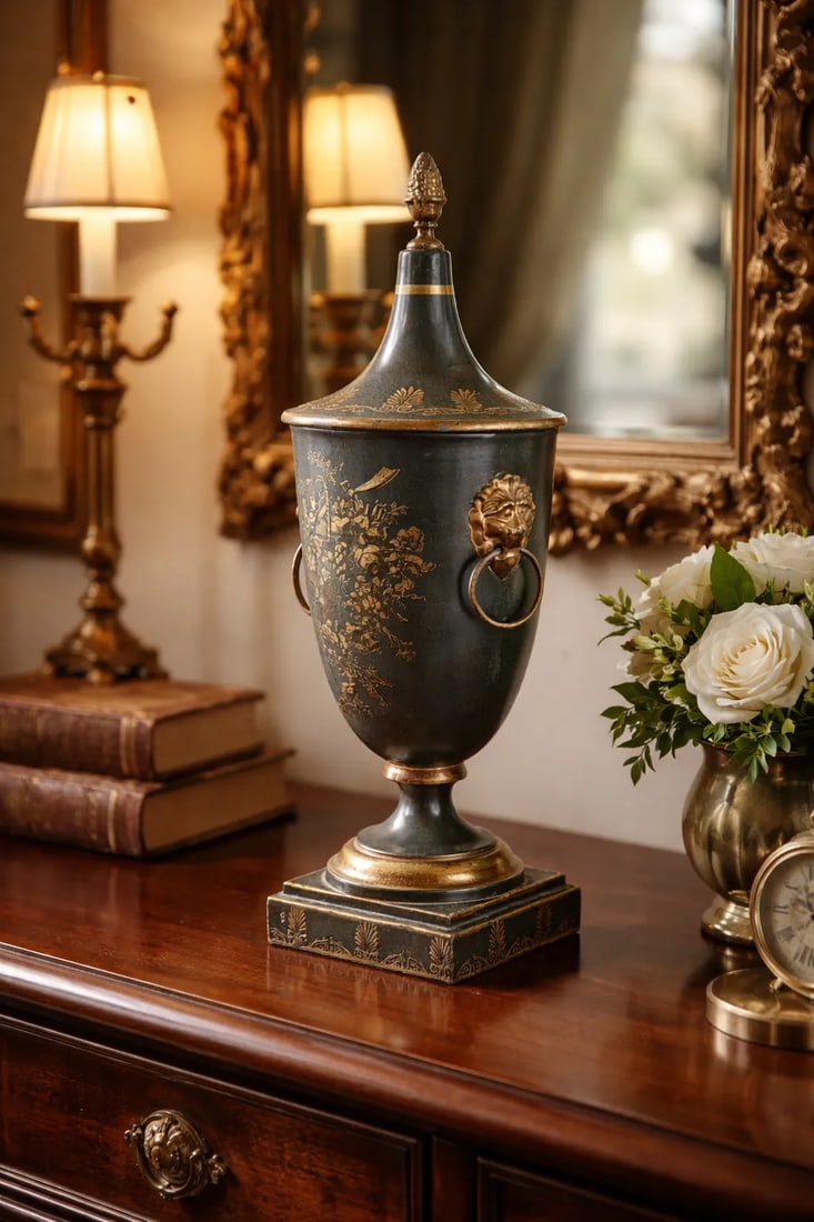 Antique Italian Regency Period Toleware Chestnut Urn With Cover, Signed - 2