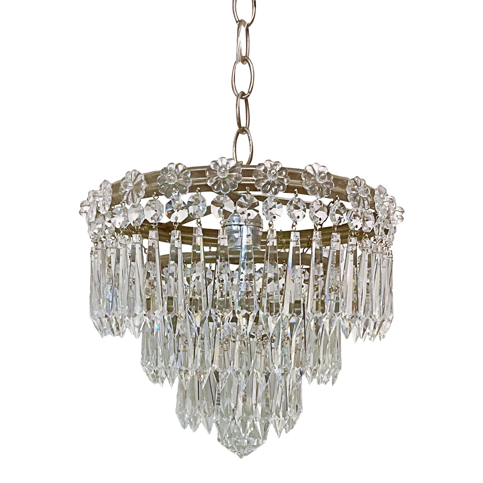 Mid 20th Century Italian Silver Layered Chandelier With Rosettes: This is an Italian silver rim chandelier dressed glass rosettes with octagon chain and plug cut crystals. It is rewired and restored and has 1 Edison based socket. #392 Condition: Alterations: Origina
