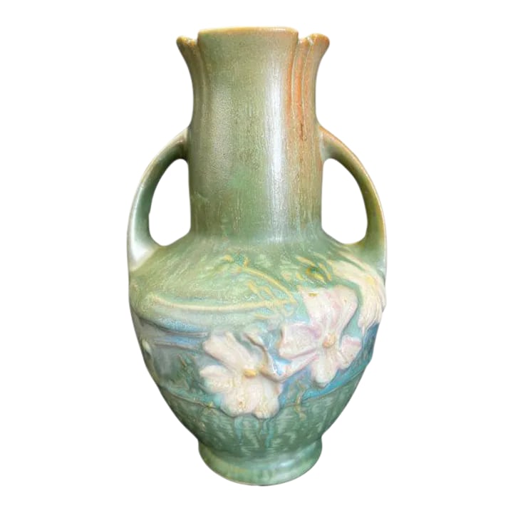1939 Roseville "Cosmos" Art Deco, Pastel Green Art Pottery Vase, #946-6: A gorgeous Roseville Cosmos 1939 Vintage green art pottery vase with handles. This spectacular vase is beautifully designed with art deco-styled embellishments with yellow and pink cosmos. The vase