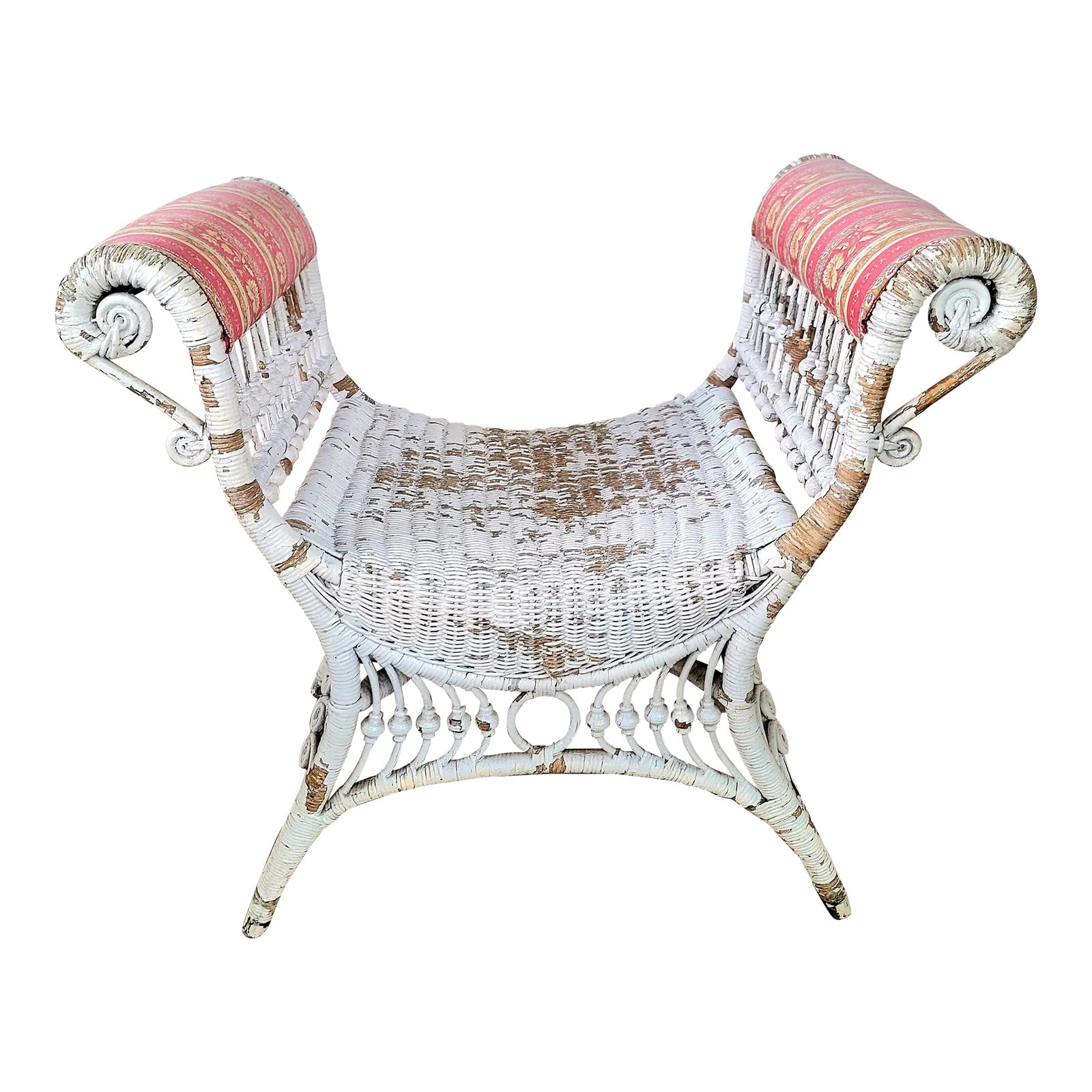 Antique Fiddlehead Rattan High Side Bench: Fantastic Woven rattan bench. A beautiful curly design with chic high sides that are ready for a quick upholster update! Perfect in a mix of seating or even as a vanity bench. This piece appraised