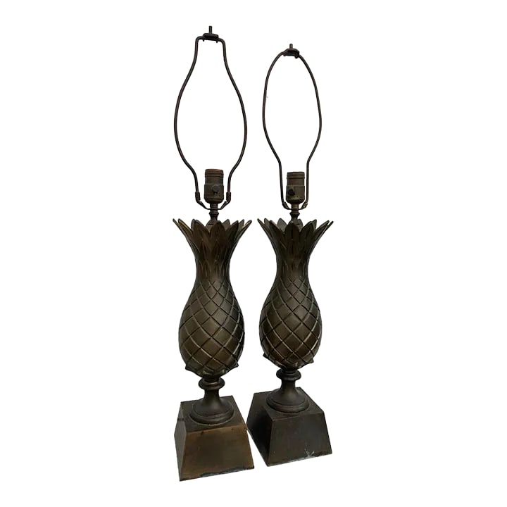 1960s Brass Pineapple Table Lamps - a Pair: Pair of vintage brass mid century pineapple table lamps. Some oxidation and surface wear to metal bases. Unmarked. Condition: Alterations: Original Condition Unaltered Imperfections: Some Imperfection