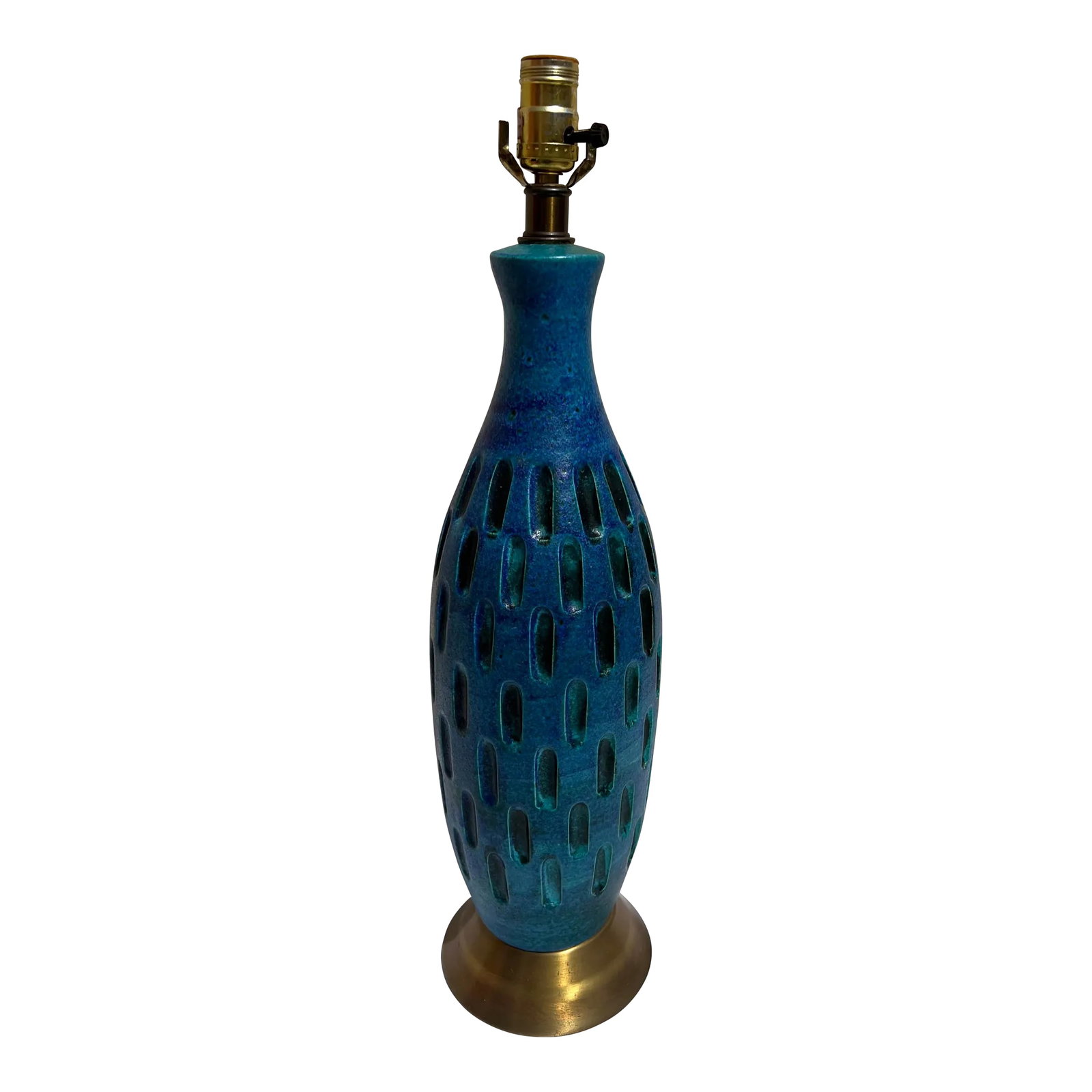 Vintage 1960's Periwinkle and Turquoise Mottled Ceramic Table Lamp: Vintage periwinkle, turquoise and blue mottled ceramic table lamp with indentation design throughout body. Brass base. Looks like 1960's. Working lamp. Base: 6.75" Diameter Condition: Alterations: Ori