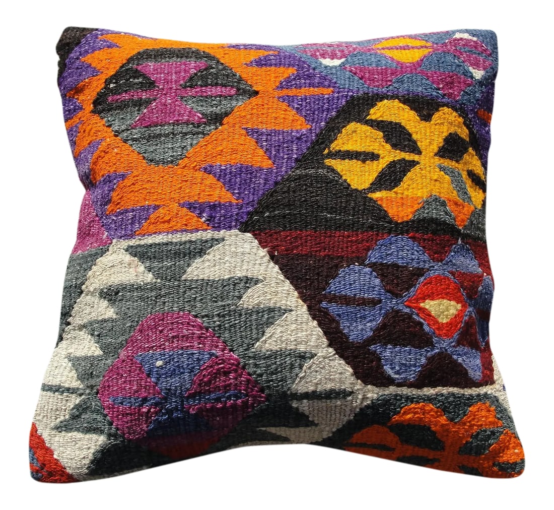 Kilim Rug Pillow: Kilim Rug Pillow Made from old turkish kilims Back side cotton and has closed with a solid hidden zipper size:16" x 16" It is ready to use. The colors come from vegetable dyes. less Condition: