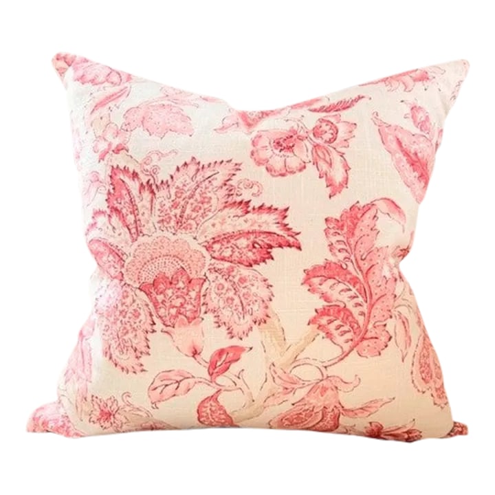 Modern English Floral Linen Accent Pillow: Constructed from an oversized English floral linen blend fabric and backed with a luscious pink coordinating fabric, this stunning custom made pillow is sure to brighten your favorite chair, sofa or