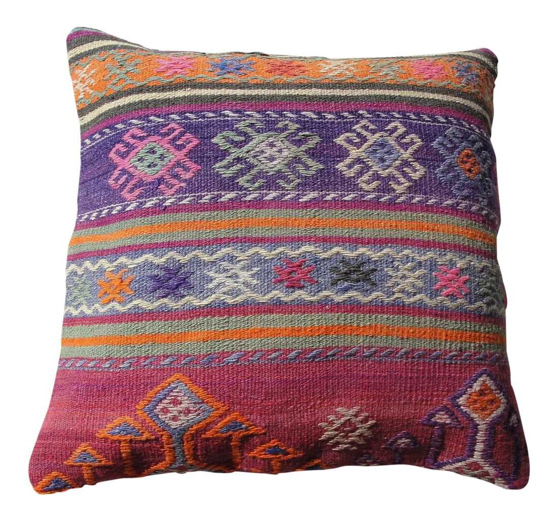 Kilim Rug Pillow: Kilim Rug Pillow Made from old turkish kilims Back side cotton and has closed with a solid hidden zipper size:20" x 20" It is ready to use. The colors come from vegetable dyes. less Condition: