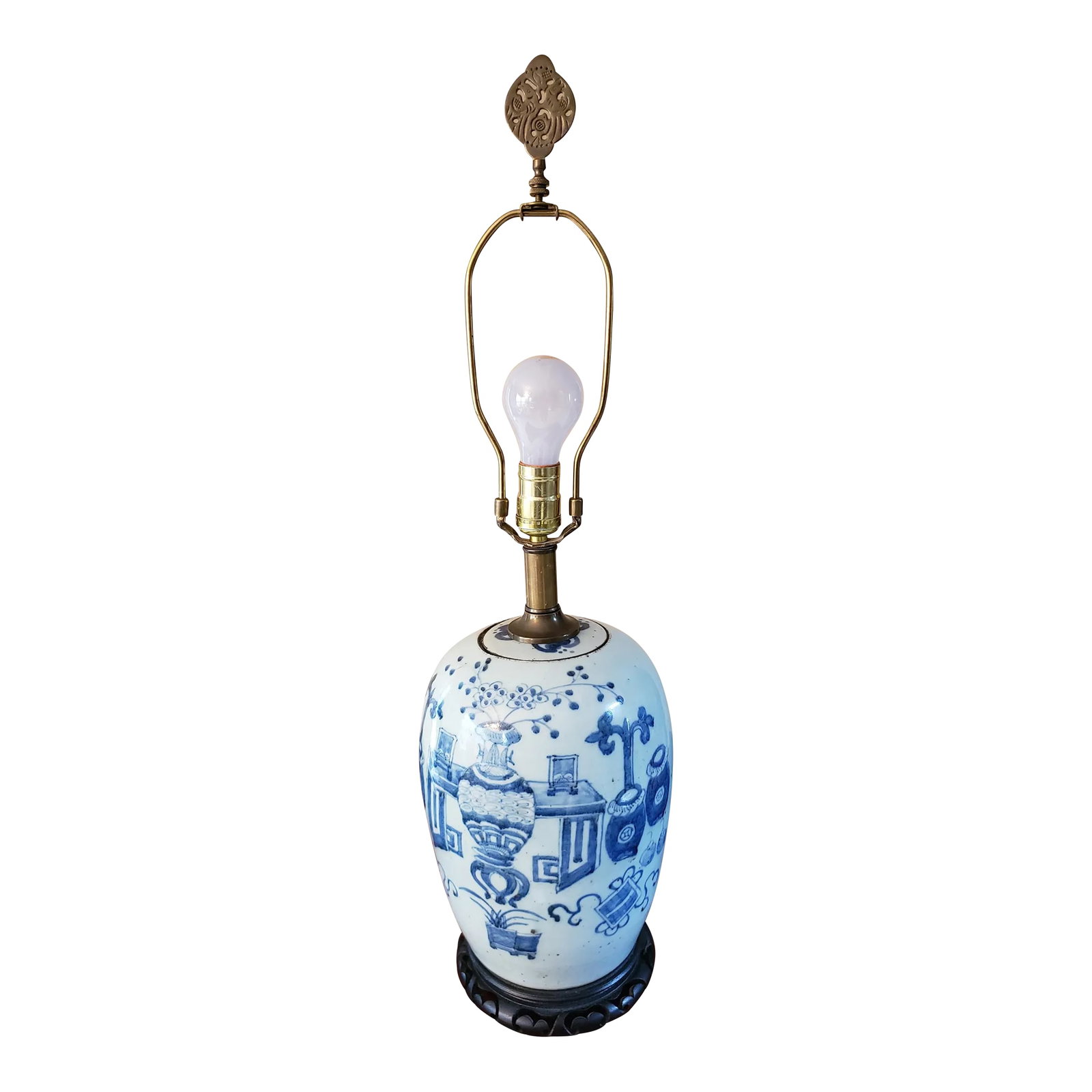 Mid 20th Century Blue and White Porcelain Ginger Jar Lamp: Antique blue and white ginger jar later converted to a lamp. Please note the blue tint to the background. 29" tall from bottom to top of the finial. Condition: Alterations: Original Condition Unaltere