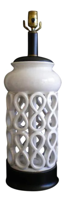 White Porcelain Chinese Figure 8 Table Lamp: Classic Chinese white table lamp with figure 8 design. Excellent condition. Condition: Alterations: Restored Imperfections: Some Imperfections Condition Notes: Excellent - Minor wear consistent with a
