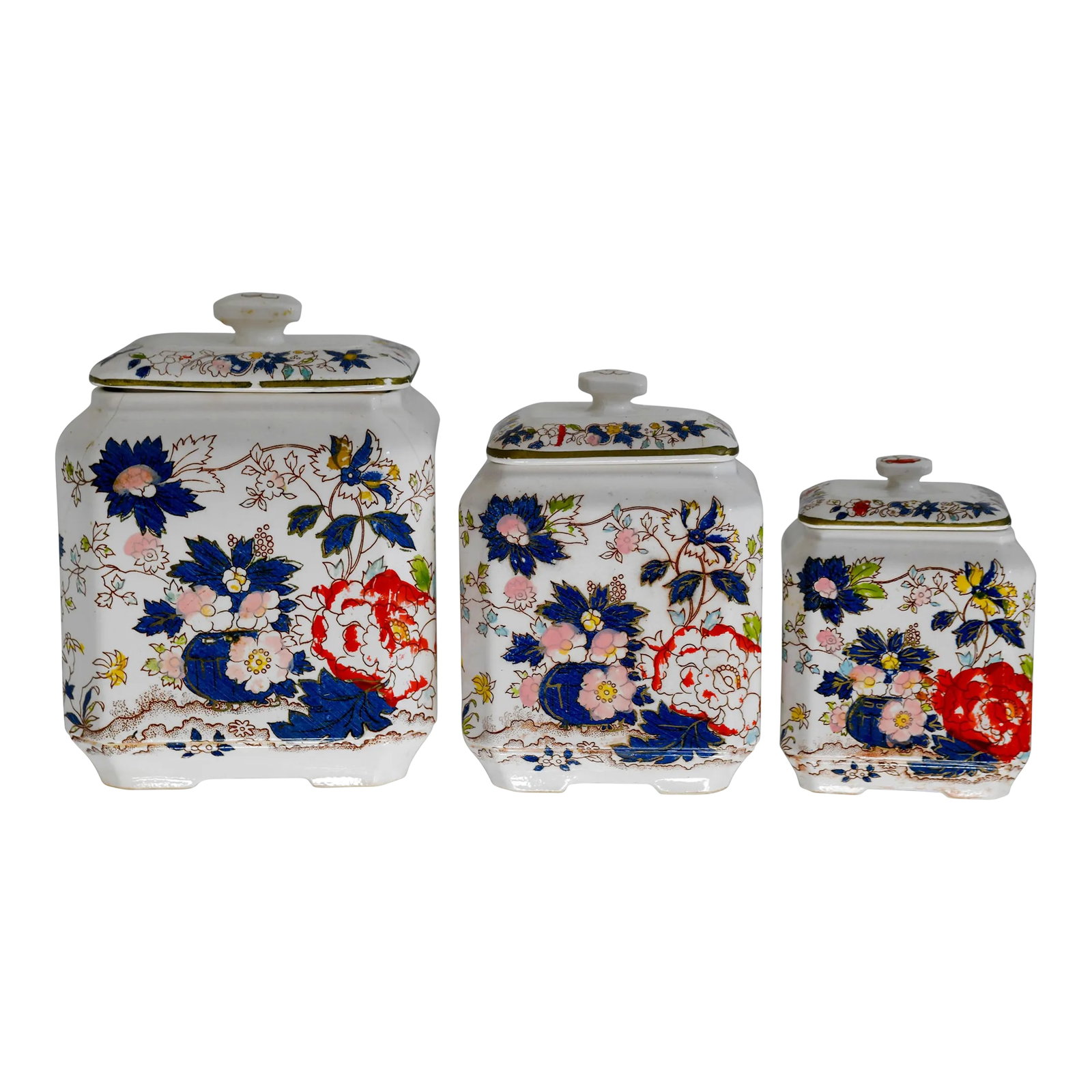 Early 20th Century Set of 3 Handpainted Japanese Royal Crown Tea Caddy Canisters: Set of vintage handpainted Royal Crown Japanese handpainted ceramic tea caddy or canisters. Early twentieth century set of porcelain painted with flowers, chrysanthemums, peonies. Feature two differen