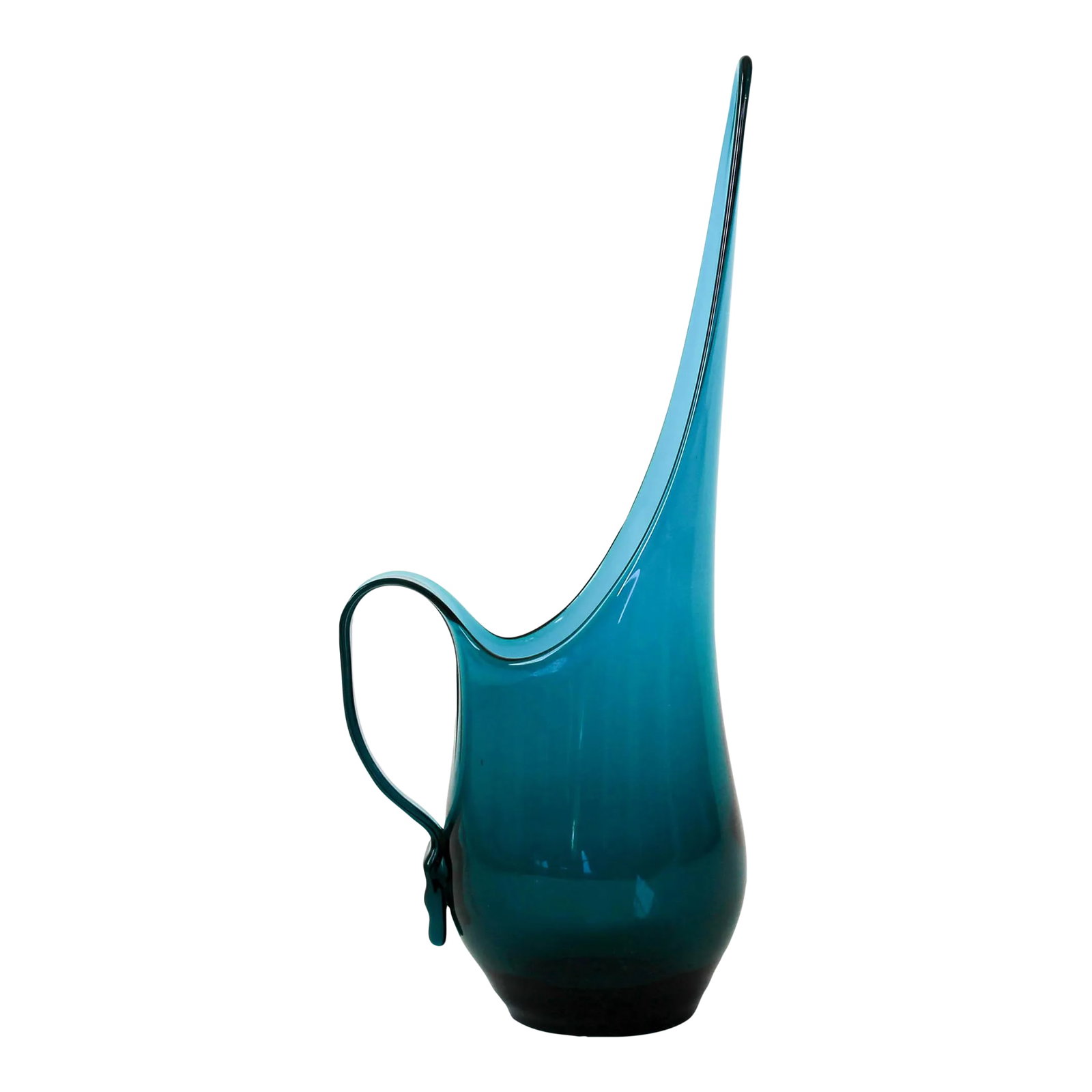 Mid-Century Blue Viking Glass Pitcher: Beautiful blue mid-century Viking Glass pitcher. No makers mark. One very tiny chip and one small scuff. Both pictured. Condition: Alterations: Original Condition Unaltered Imperfections: Some