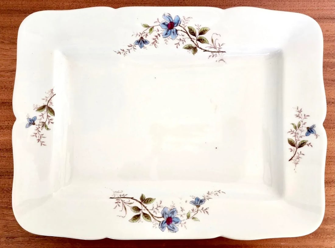 Vintage Ironstone Rectangular Platter With Delicate Blue Flowers and Scalloped Edges - 10