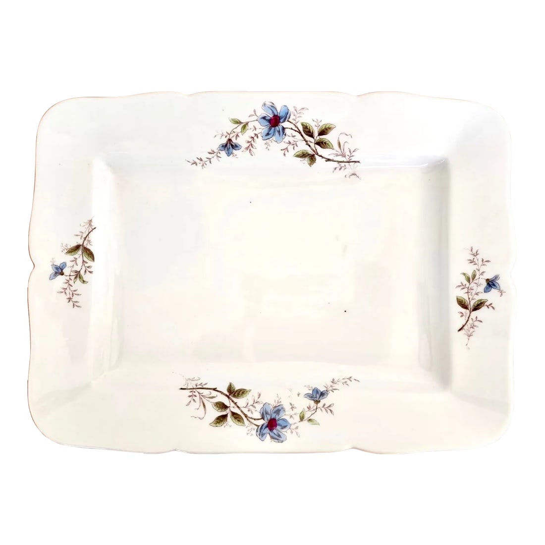 Vintage Ironstone Rectangular Platter With Delicate Blue Flowers and Scalloped Edges: Vintage Ironstone Rectangular Platter With Delicate Blue Flowers and Scalloped Edges. Marked 714 at the base in gilt handwritten paint. Measures: 15.5" x 11.5" Condition: Alterations: Original