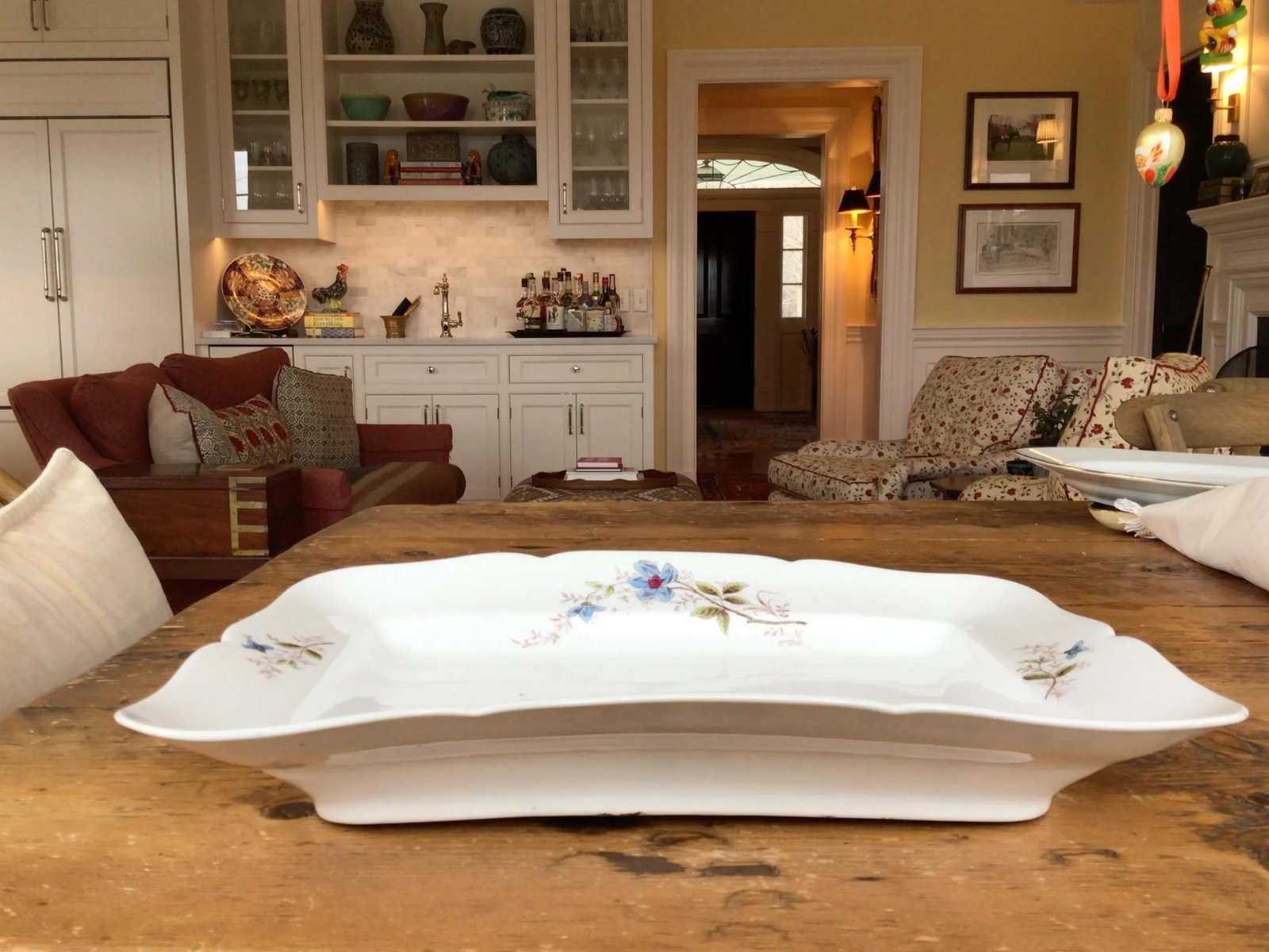 Vintage Ironstone Rectangular Platter With Delicate Blue Flowers and Scalloped Edges - 7