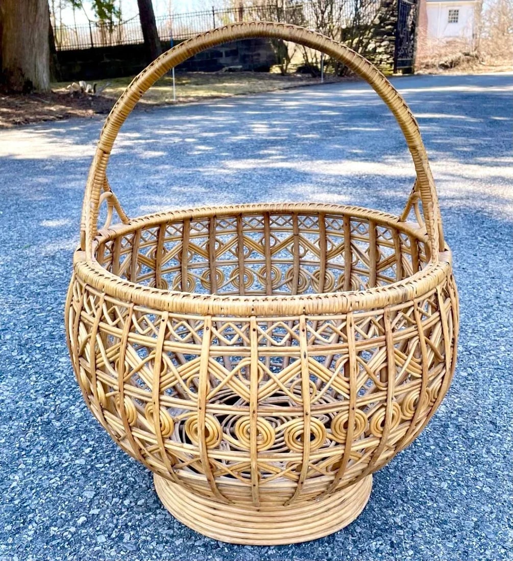 Mid 20th Century Vintage Large Woven Rattan Basket With Handle - 12