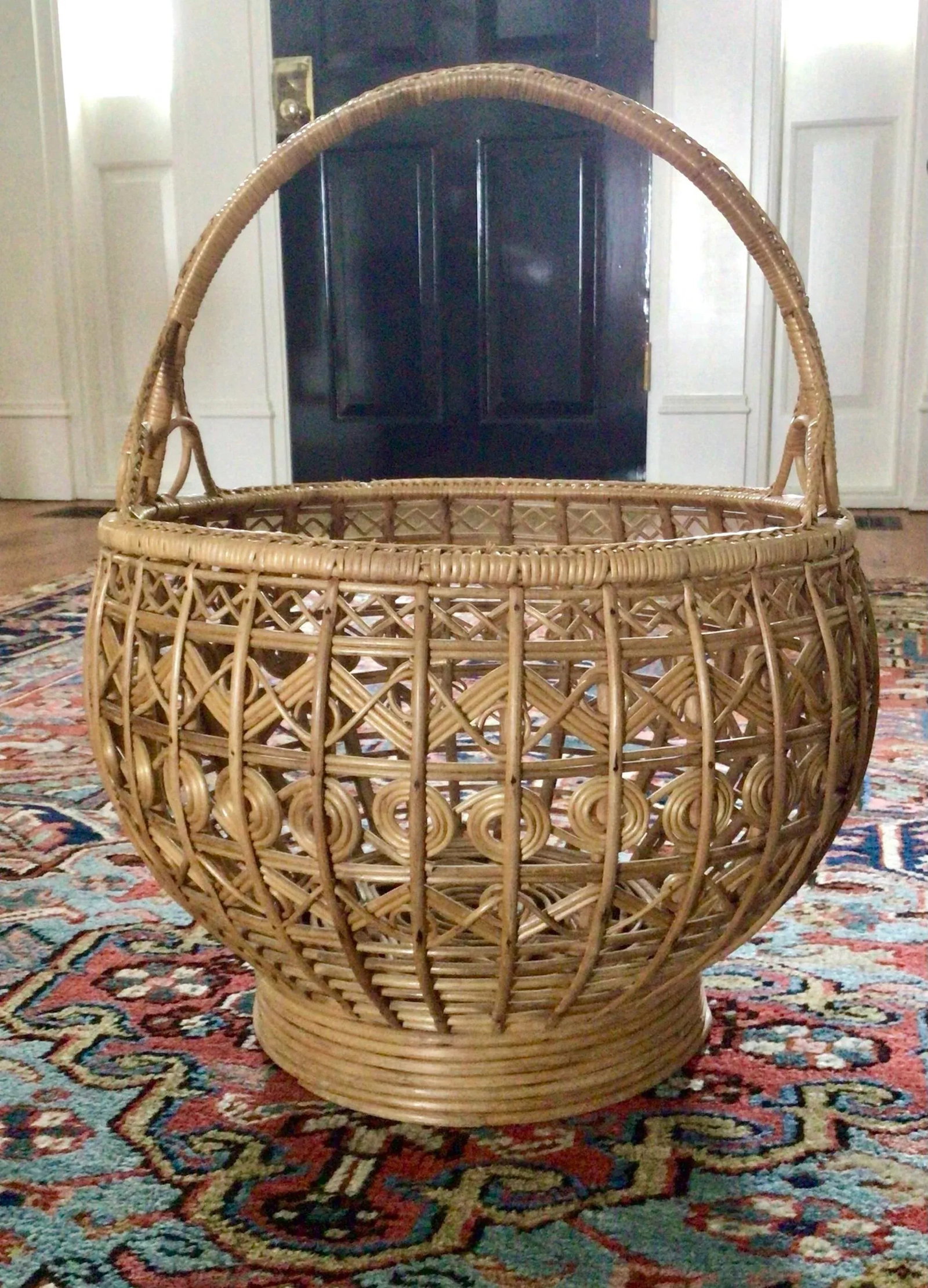 Mid 20th Century Vintage Large Woven Rattan Basket With Handle - 6