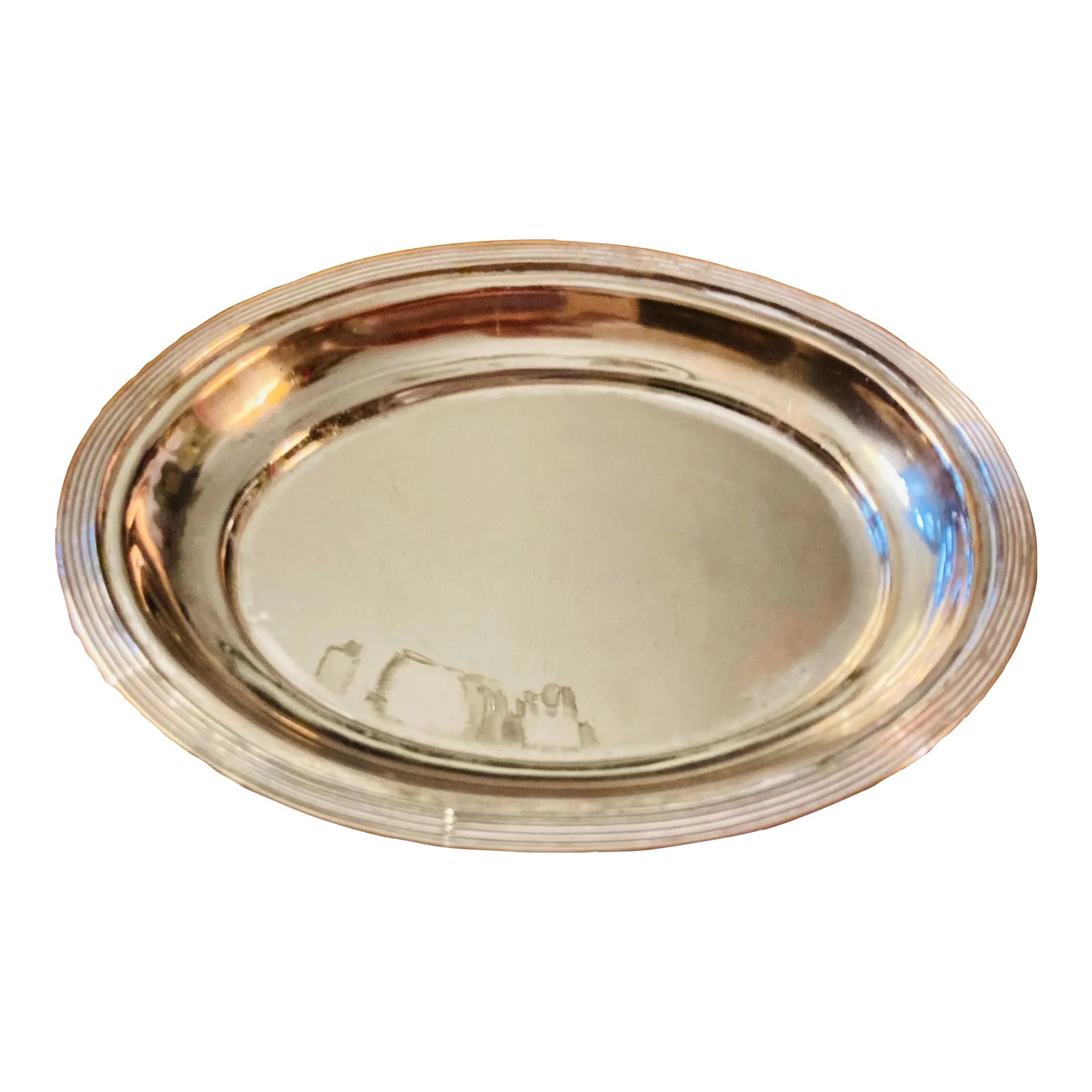 1950s Small Silver Plate Service Tray Ridged Border 4 Round Pad Feet, No Makers Mark (1 of 12)