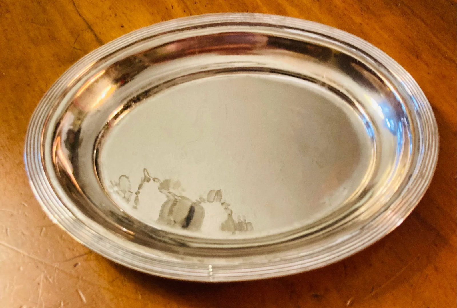 1950s Small Silver Plate Service Tray Ridged Border 4 Round Pad Feet, No Makers Mark - 2