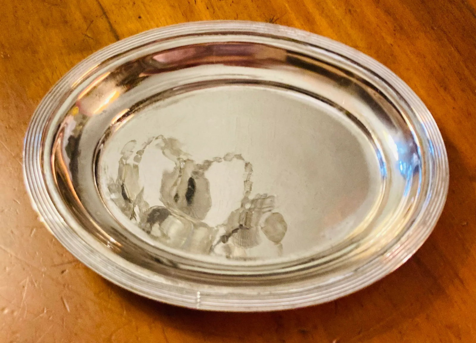 1950s Small Silver Plate Service Tray Ridged Border 4 Round Pad Feet, No Makers Mark - 3