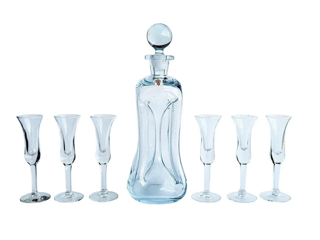 1960s Holmegaard Denmark Kluk Kluk Decanter and Cordial Glasses, Set of 7 Pieces - 11