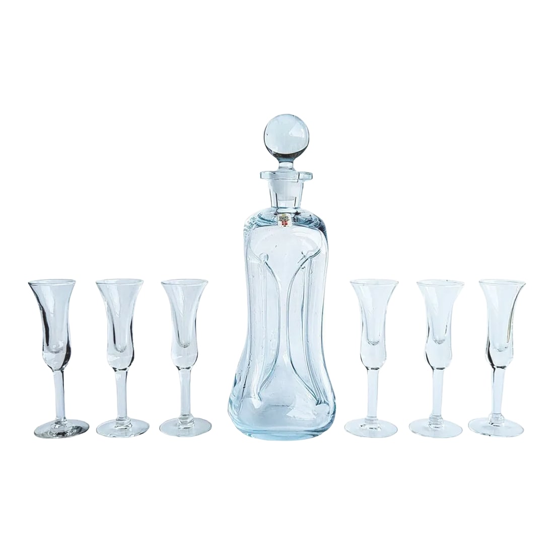 1960s Holmegaard Denmark Kluk Kluk Decanter and Cordial Glasses, Set of 7 Pieces: Offered is a set of six vintage Holmegaard aperitif cordial glasses and their iconic Kluk Kluk pinched glass decanter with stopper designed by Jacob Bang. Each piece is handblown and no two pieces are