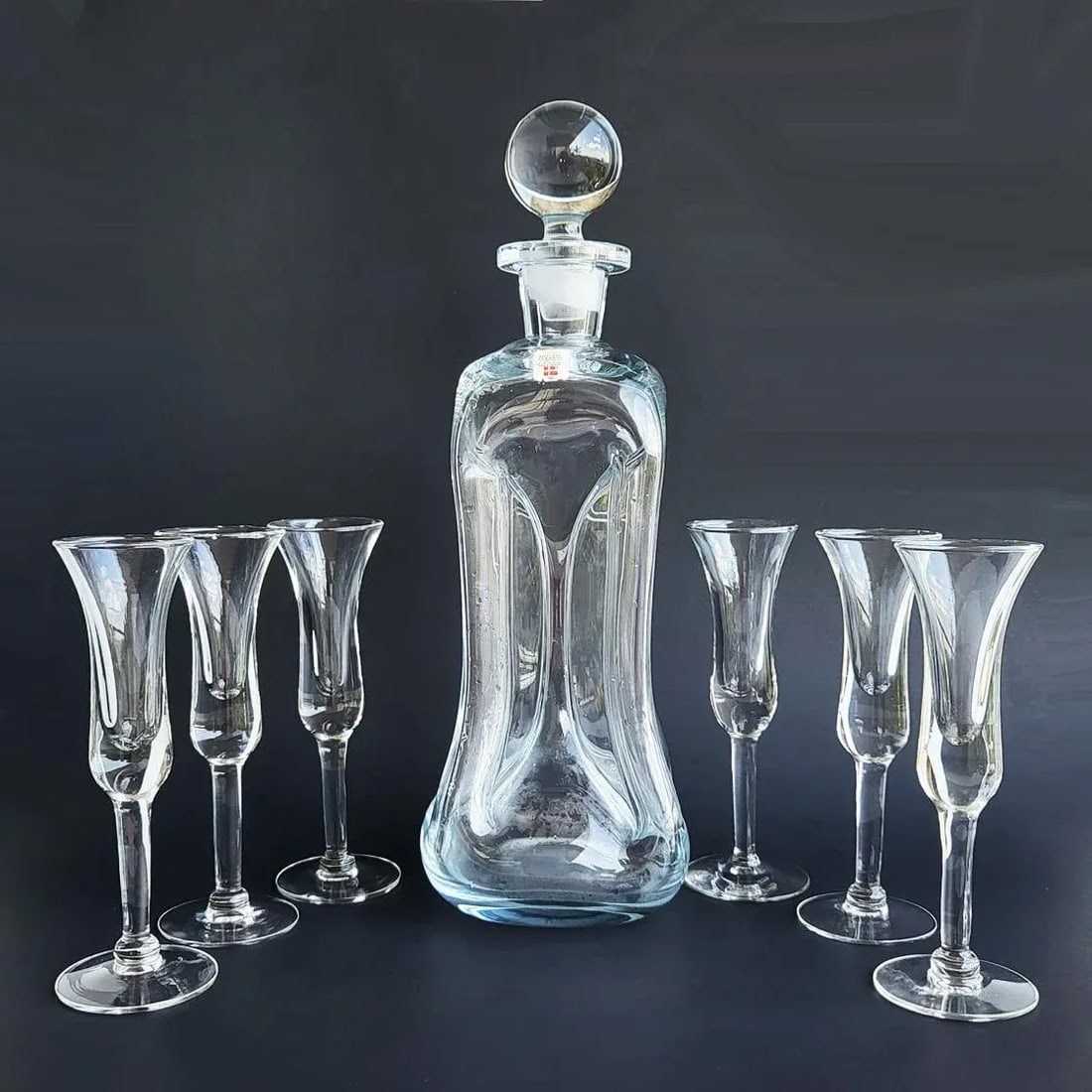 1960s Holmegaard Denmark Kluk Kluk Decanter and Cordial Glasses, Set of 7 Pieces - 2