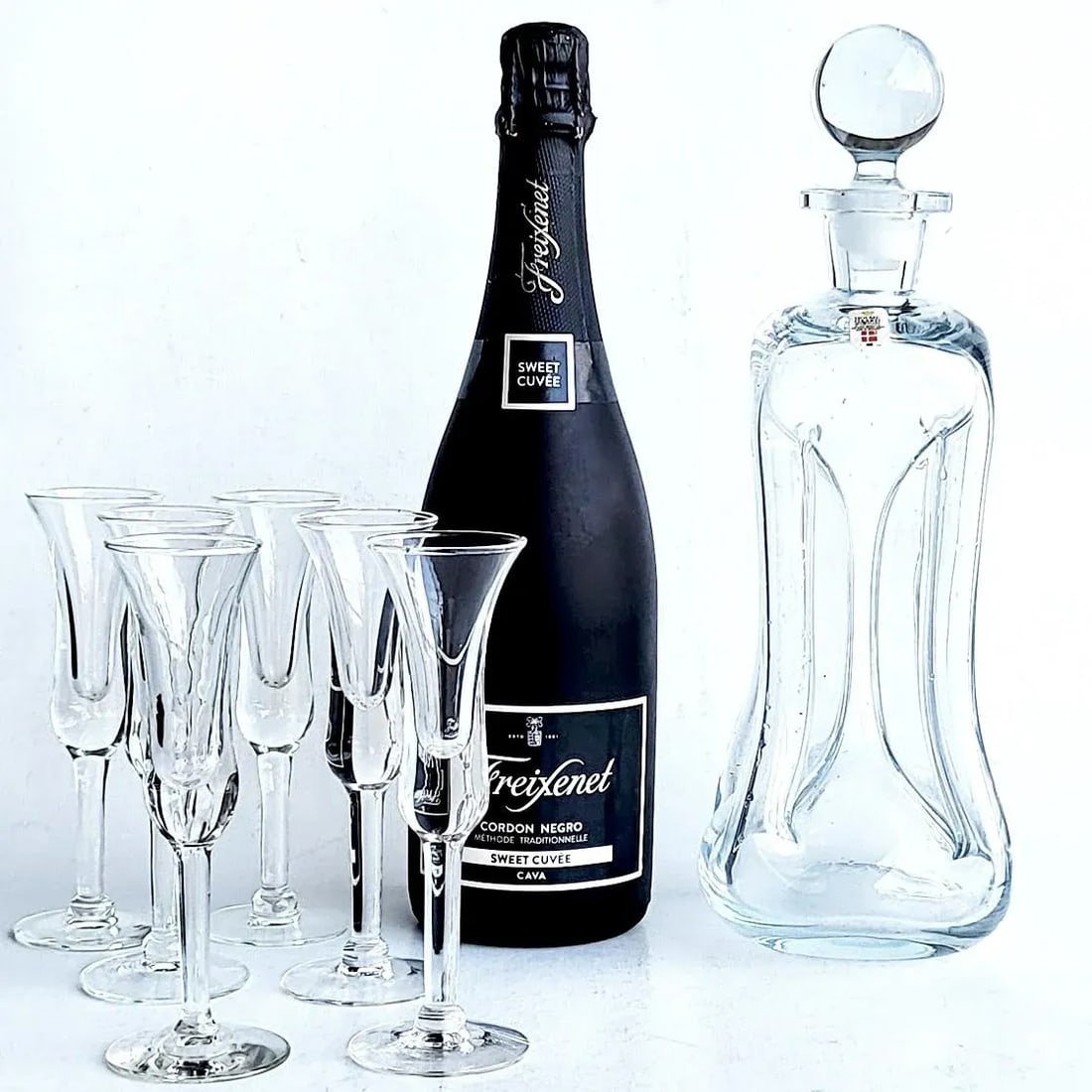 1960s Holmegaard Denmark Kluk Kluk Decanter and Cordial Glasses, Set of 7 Pieces - 3