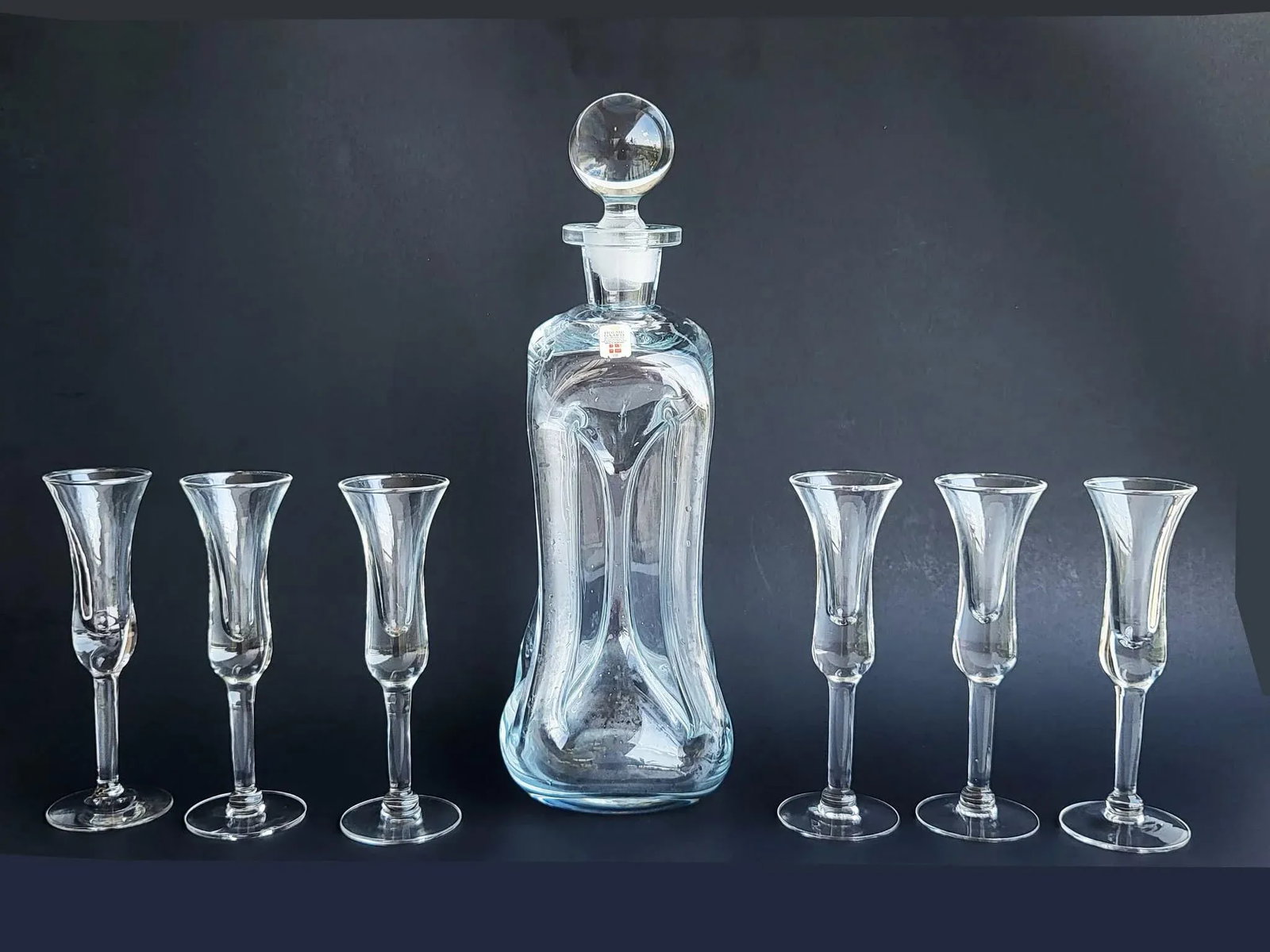 1960s Holmegaard Denmark Kluk Kluk Decanter and Cordial Glasses, Set of 7 Pieces - 4