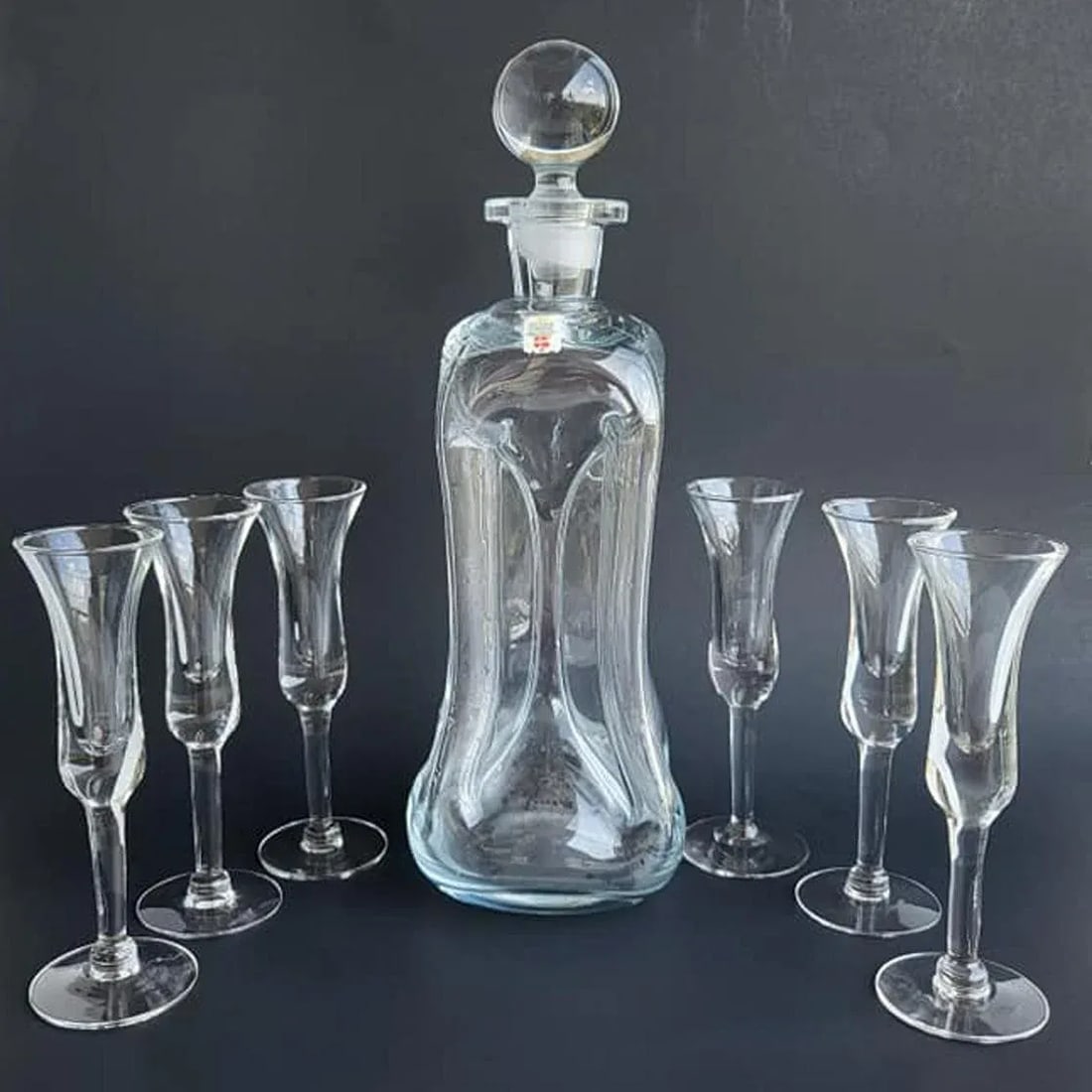 1960s Holmegaard Denmark Kluk Kluk Decanter and Cordial Glasses, Set of 7 Pieces - 5