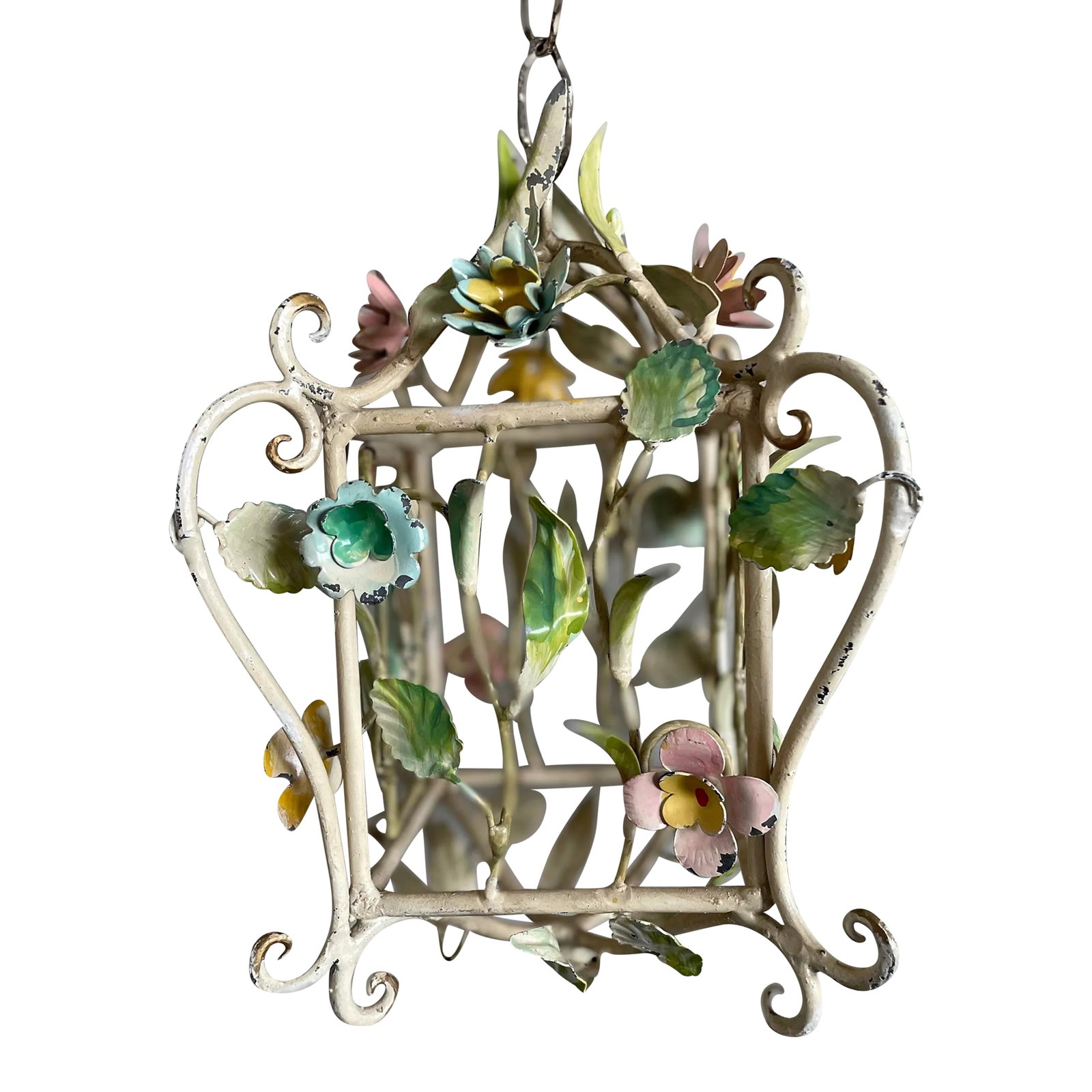 Italian Tole Lantern: Vintage Italian Tole hanging lantern, for decorative use. Chain is 10" Condition: Alterations: Original Condition Unaltered Imperfections: Some Imperfections Condition Notes: Normal patina Origin: