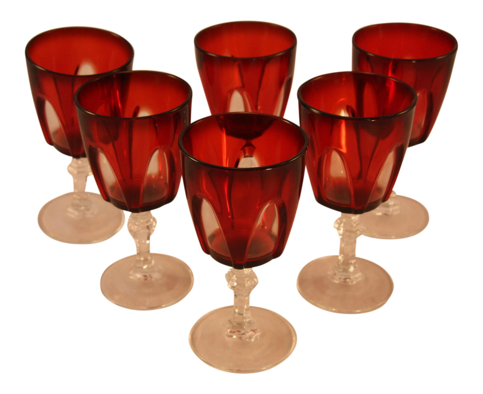 Clear Red Wine Glasses - Set of 6: 6 Vintage Red Wine Glasses6 Vintage Red Wine Glasses, Stem & Foot is 2.25" clear glass. Condition: Alterations: Original Condition Unaltered Imperfections: Some Imperfections Condition Notes: