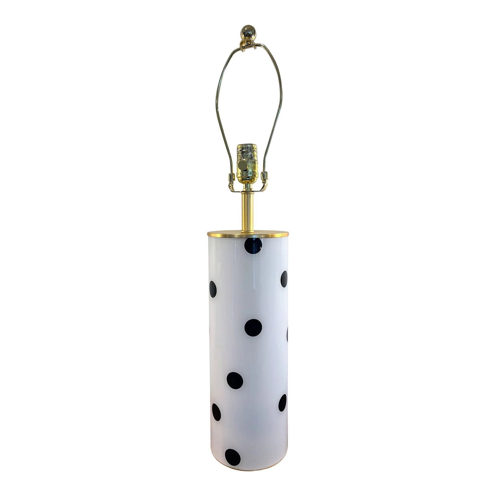 Contemporary Kate Spade Deco Polka Dot Lamp in Black and Ivory White: Kate Spade New York White and Black Deco Polka Dot Table Lamp in excellent condition. Sleek, modern design. A columnar form glass base with creamy white background is painted from the interior, in