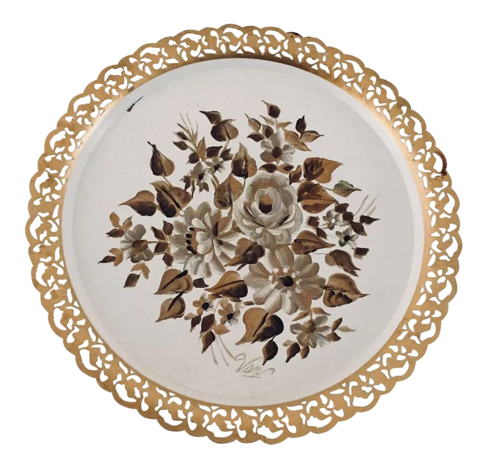 Vintage Hand Painted Floral Tole Tray: Vintage hand painted floral tole tray, signed by artist , makers mark reads "Nashco Products New York" In very good condition, 15"D Condition: Alterations: Original Condition Unaltered Imperfections: