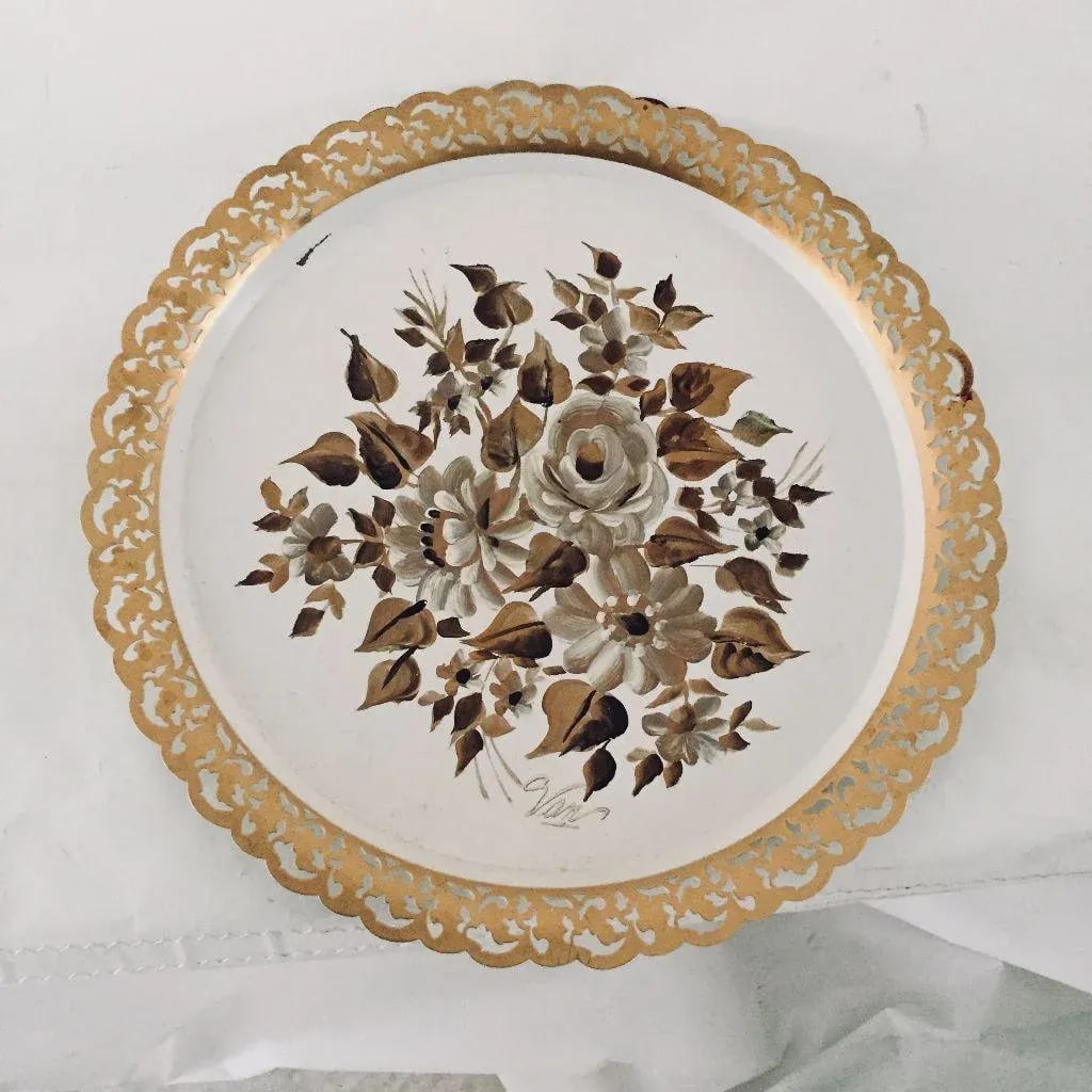 Vintage Hand Painted Floral Tole Tray - 7