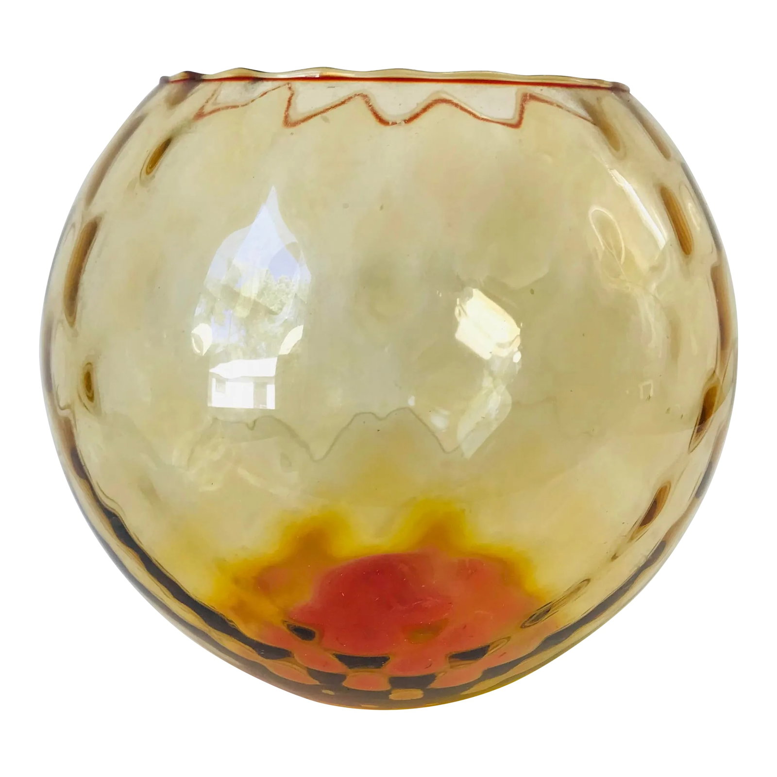 Amber Empoli Mid-Century Modern Optic Glass Rolly Polly Ball Vase: Large vintage amber Italian Empoli-style blown optic glass ball vase with a softly waved rim. No maker's mark. Condition: Alterations: Original Condition Unaltered Imperfections: Some Imperfections