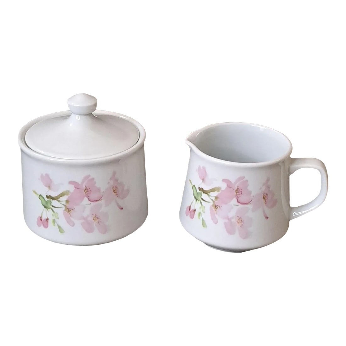1970s Liette International Pink Dogwood Blossoms Ceramic Creamer & Sugar Bowl Set- 2 Pieces: SKU: OT 2367 NEW Liette International Creamer & Sugar Bowl Set Pink Dogwood Blossoms Ceramic This gorgeous creamer and sugar bowl set is painted pink dogwood blossom made by Liette International. It