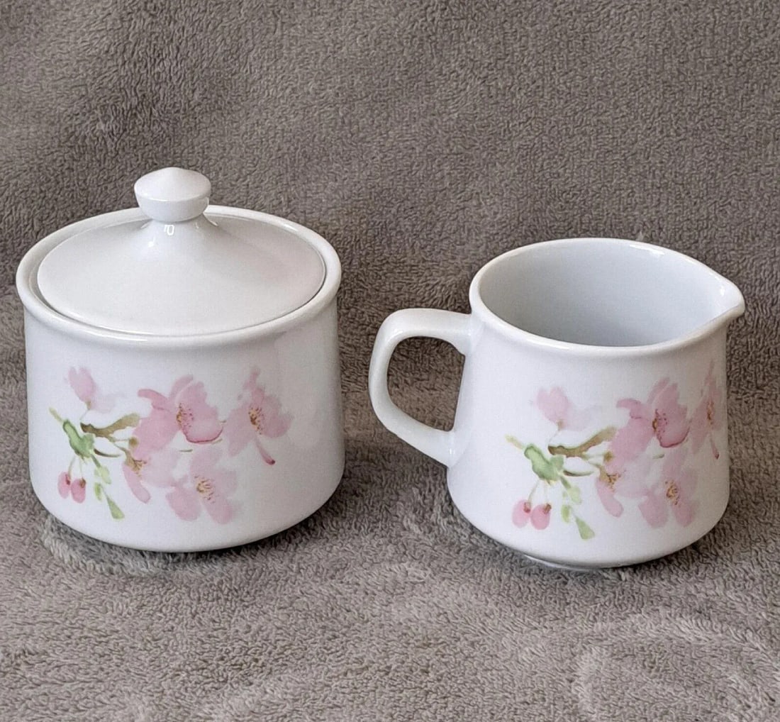 1970s Liette International Pink Dogwood Blossoms Ceramic Creamer & Sugar Bowl Set- 2 Pieces - 2