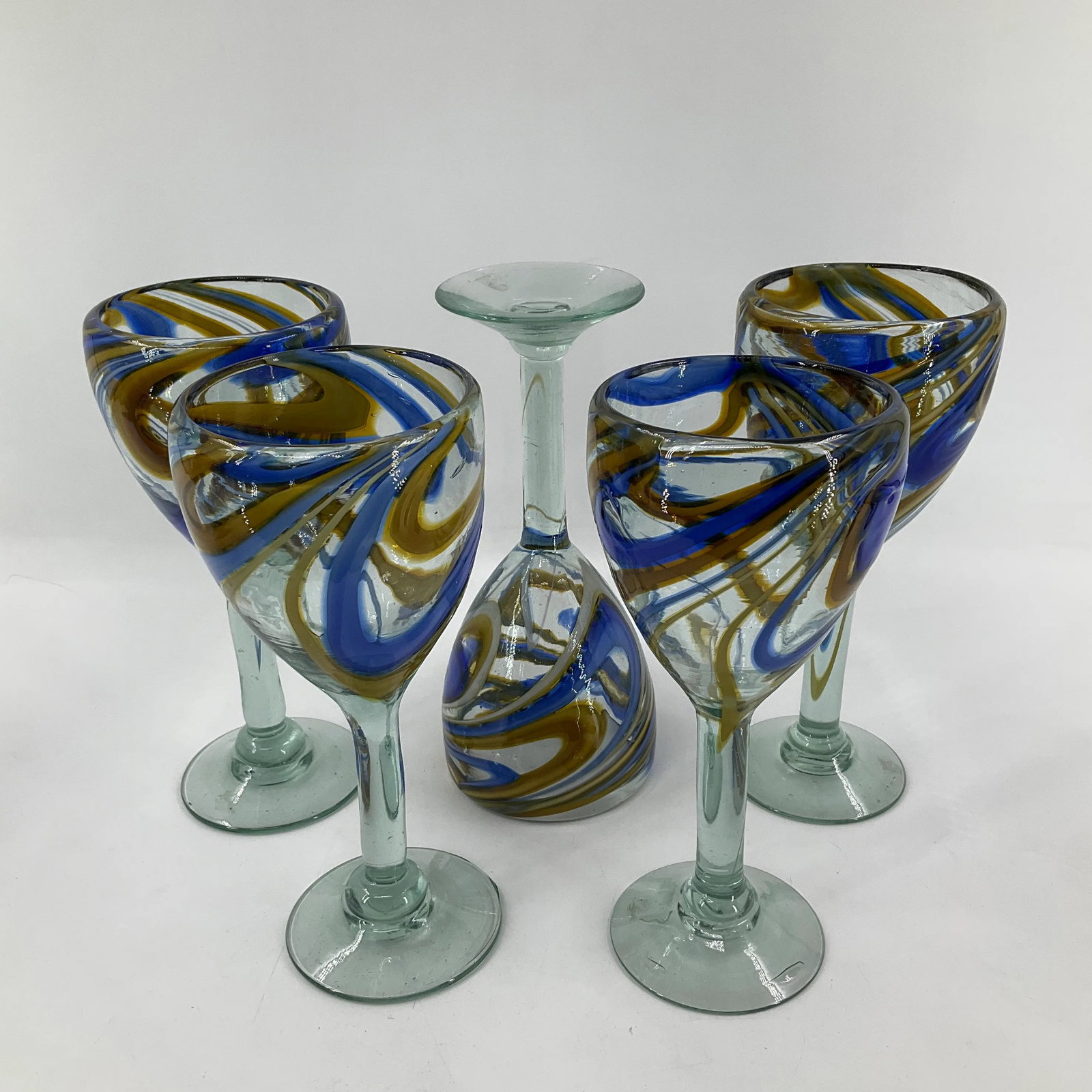 Mexican Reclye Hand Blown Glass Pitcher and 5 Goblets with Blue and Tan Swirl Design - 11
