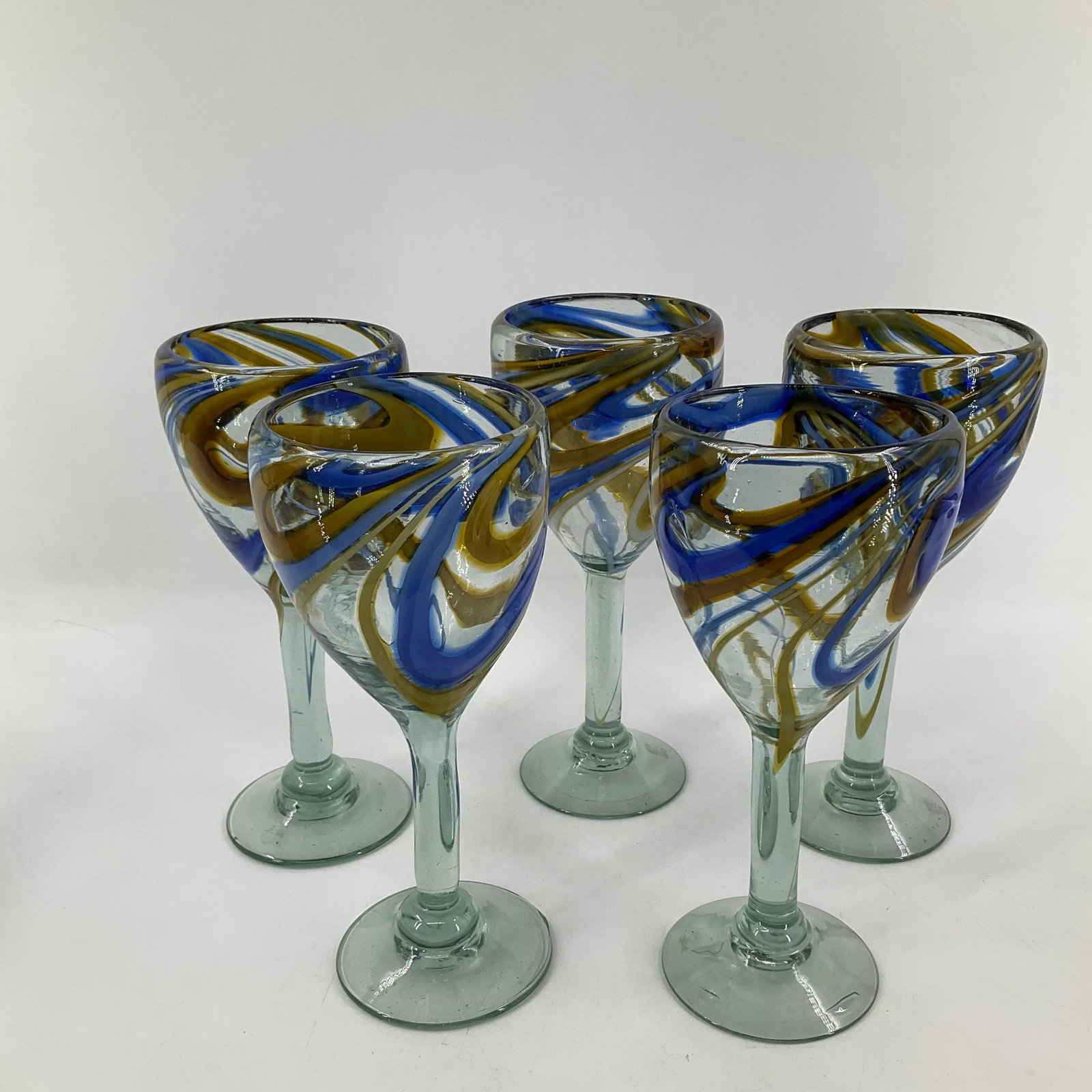 Mexican Reclye Hand Blown Glass Pitcher and 5 Goblets with Blue and Tan Swirl Design - 12