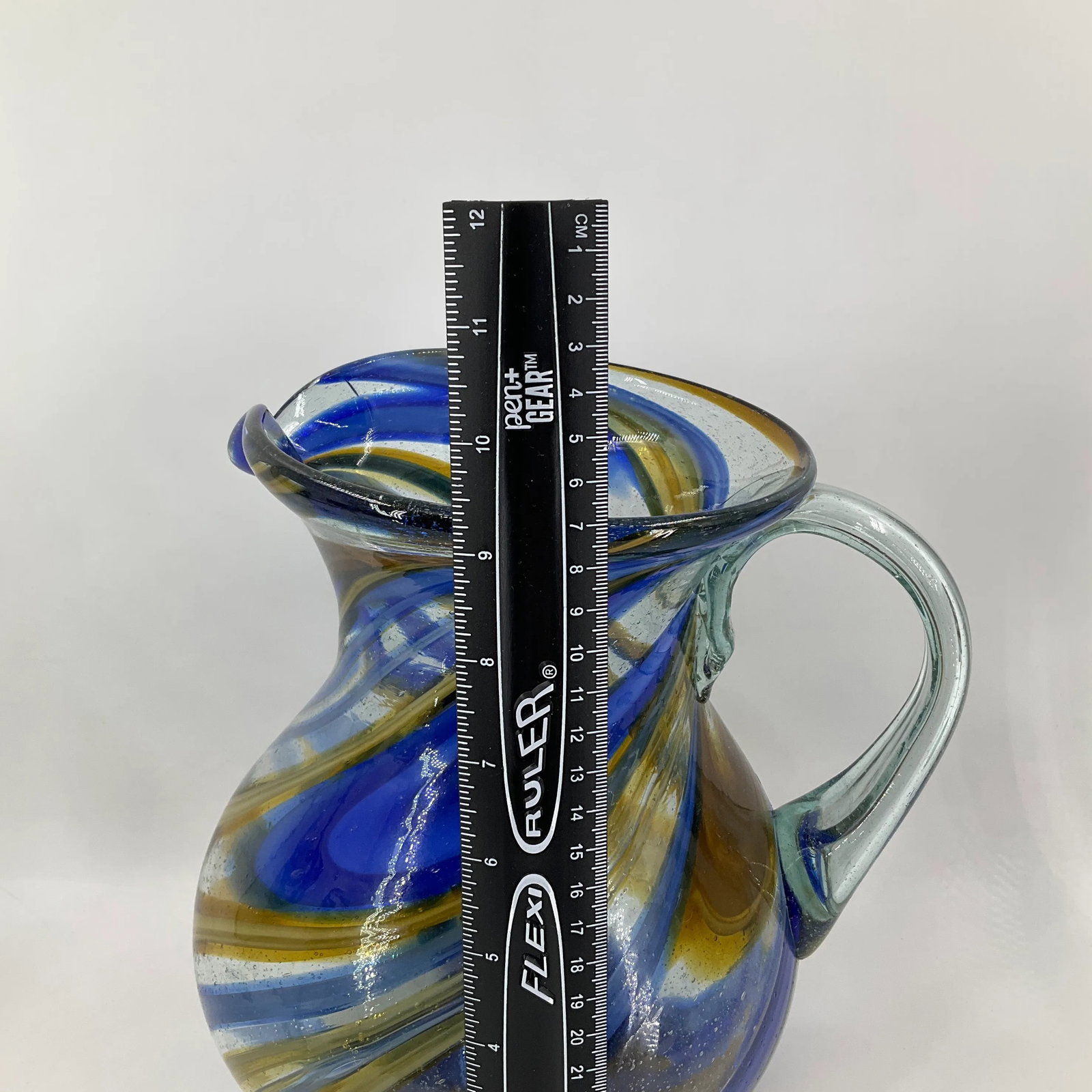 Mexican Reclye Hand Blown Glass Pitcher and 5 Goblets with Blue and Tan Swirl Design - 3