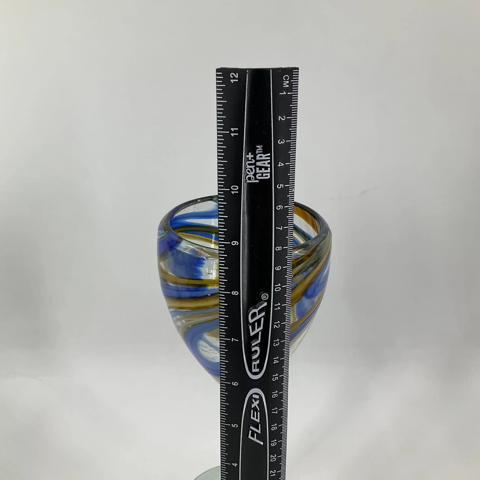 Mexican Reclye Hand Blown Glass Pitcher and 5 Goblets with Blue and Tan Swirl Design - 9