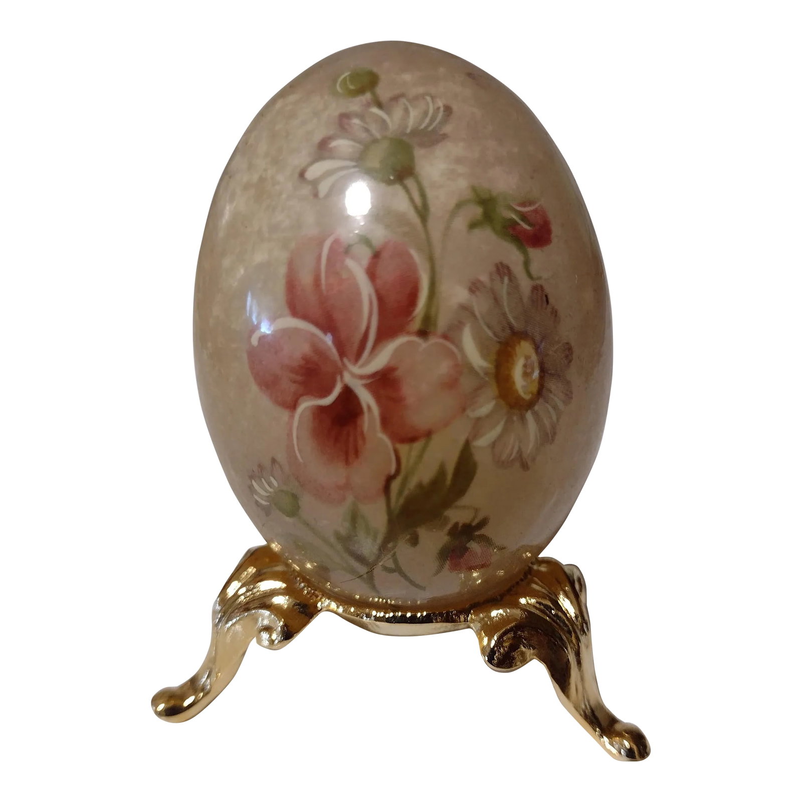 Mid 20th Century Italian Alabaster Flowered Egg: Beautful and unusual vintage Italian alabaster egg with brass stand. The egg is hand carved, hand painted and highly polished. It is life size and really beautiful. No imperfections. Condition: