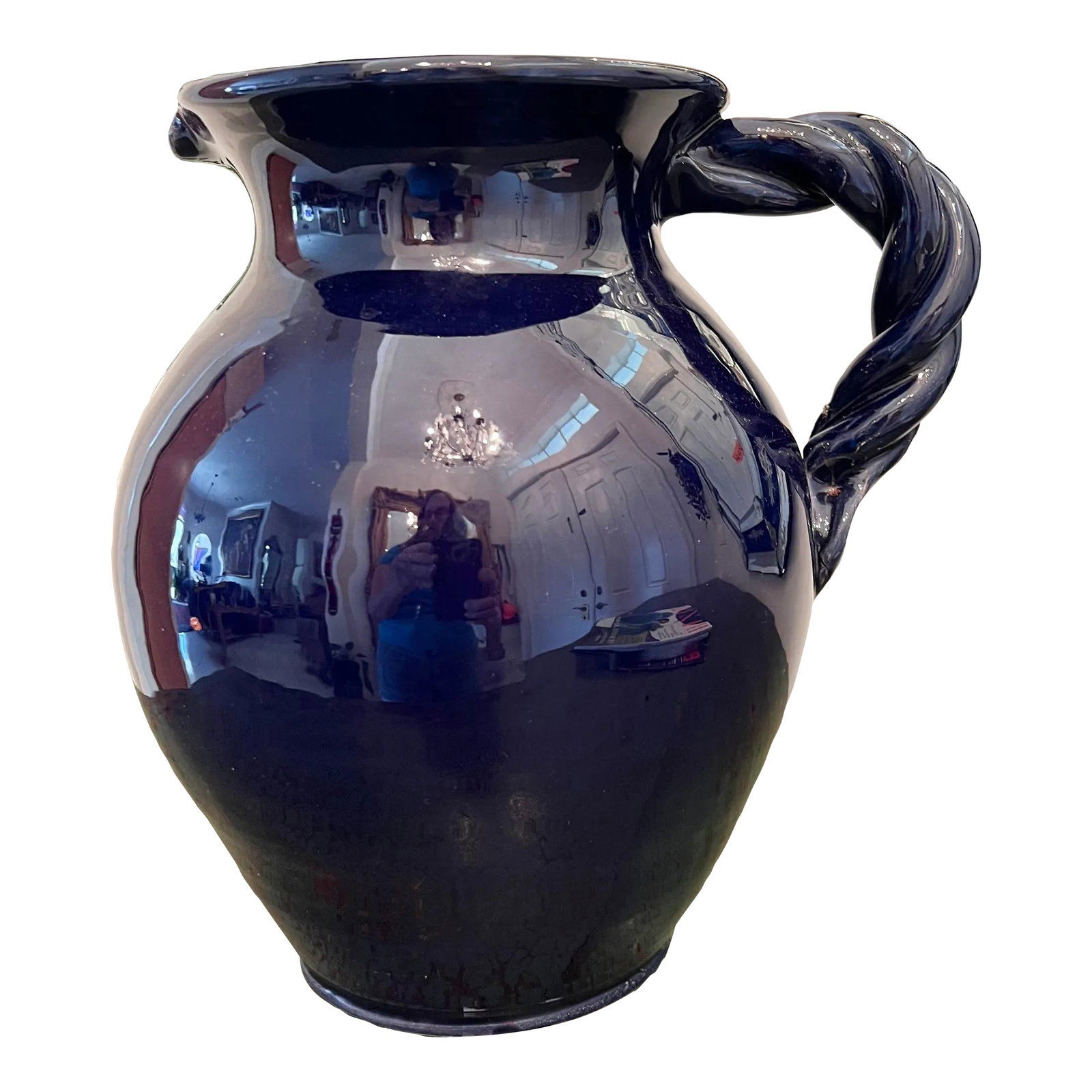 20th Century Blue Glazed Pottery Pitcher: Dark blue ceramic pottery pitcher. Made in Italy. Condition: Alterations: Original Condition Unaltered Imperfections: Some Imperfections Condition Notes: Good condition Origin: Italy Materials &