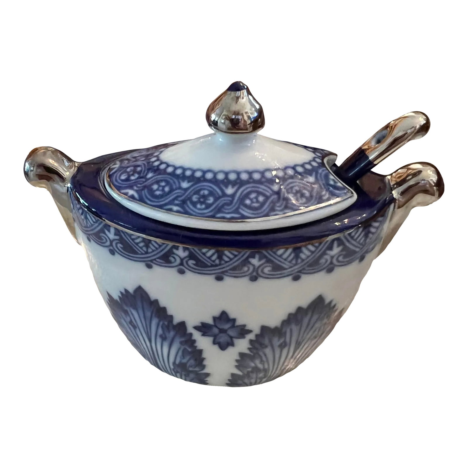 Vintage Blue & White Sugar Bowl With Spoon: Beautiful Asian style, ceramic sugar bowl and lid with spoon. Platinum trim. 3 1/2 inches tall. Condition: Alterations: Original Condition Unaltered Imperfections: Some Imperfections Condition Notes: 