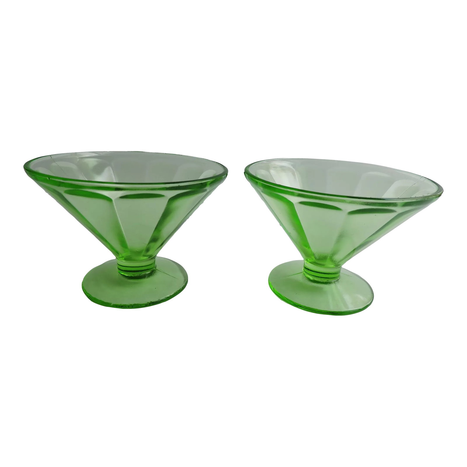 1930's Federal Depression Vaseline Glass Low Footed Sherbets Pair of 2: This pair of depression Vaseline glass low footed sherbet champagne glasses were made by the Federal Glass Co. and they are pressed glass pressed in their FEG6 mould that they made in the 1930's.