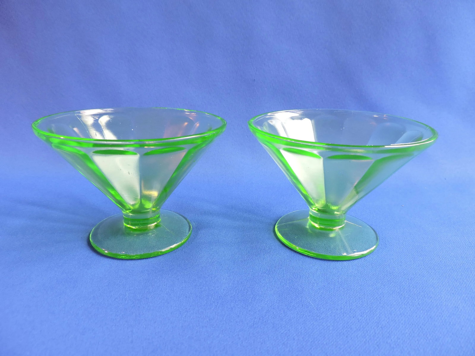 1930's Federal Depression Vaseline Glass Low Footed Sherbets Pair of 2 - 2