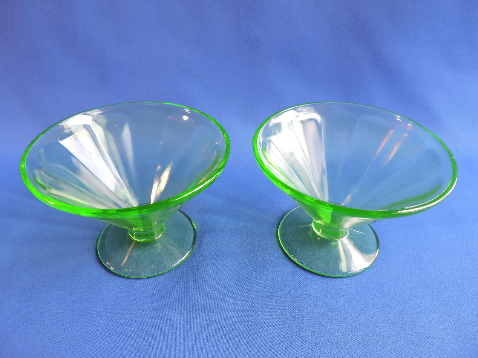 1930's Federal Depression Vaseline Glass Low Footed Sherbets Pair of 2 - 3