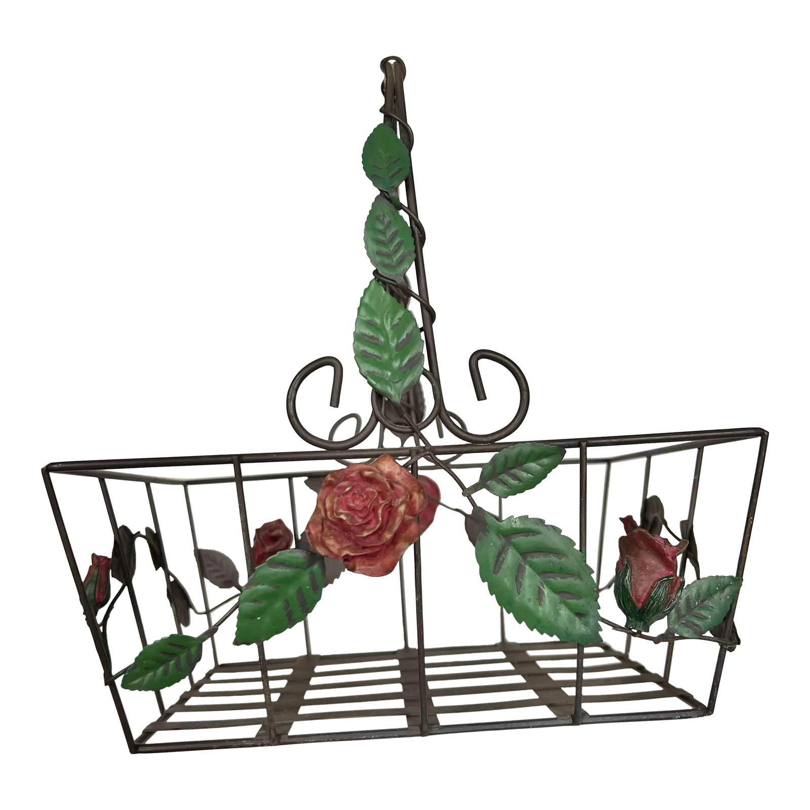 1980s Vintage Metal Basket With Roses With Handle: Gray metal handle basket. The only color on this basket is the red on the roses. Great for displaying or organizing items. Condition: Alterations: Original Condition Unaltered Imperfections: Some