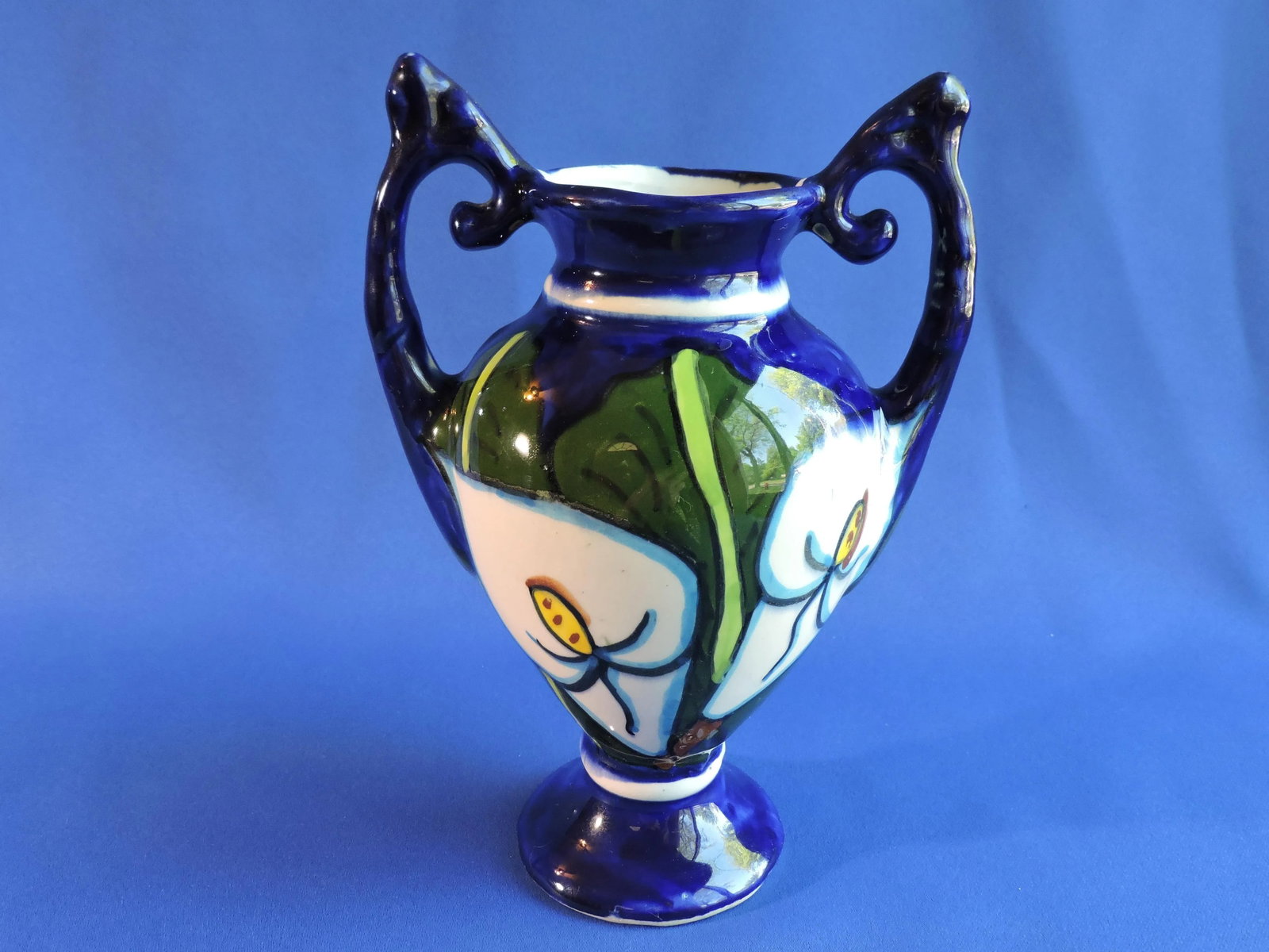 Vintage Italian Studio Art Pottery Two Handled Vase Cobalt Blue Hand Glazed Jack in the Pulpit Flowe - 10