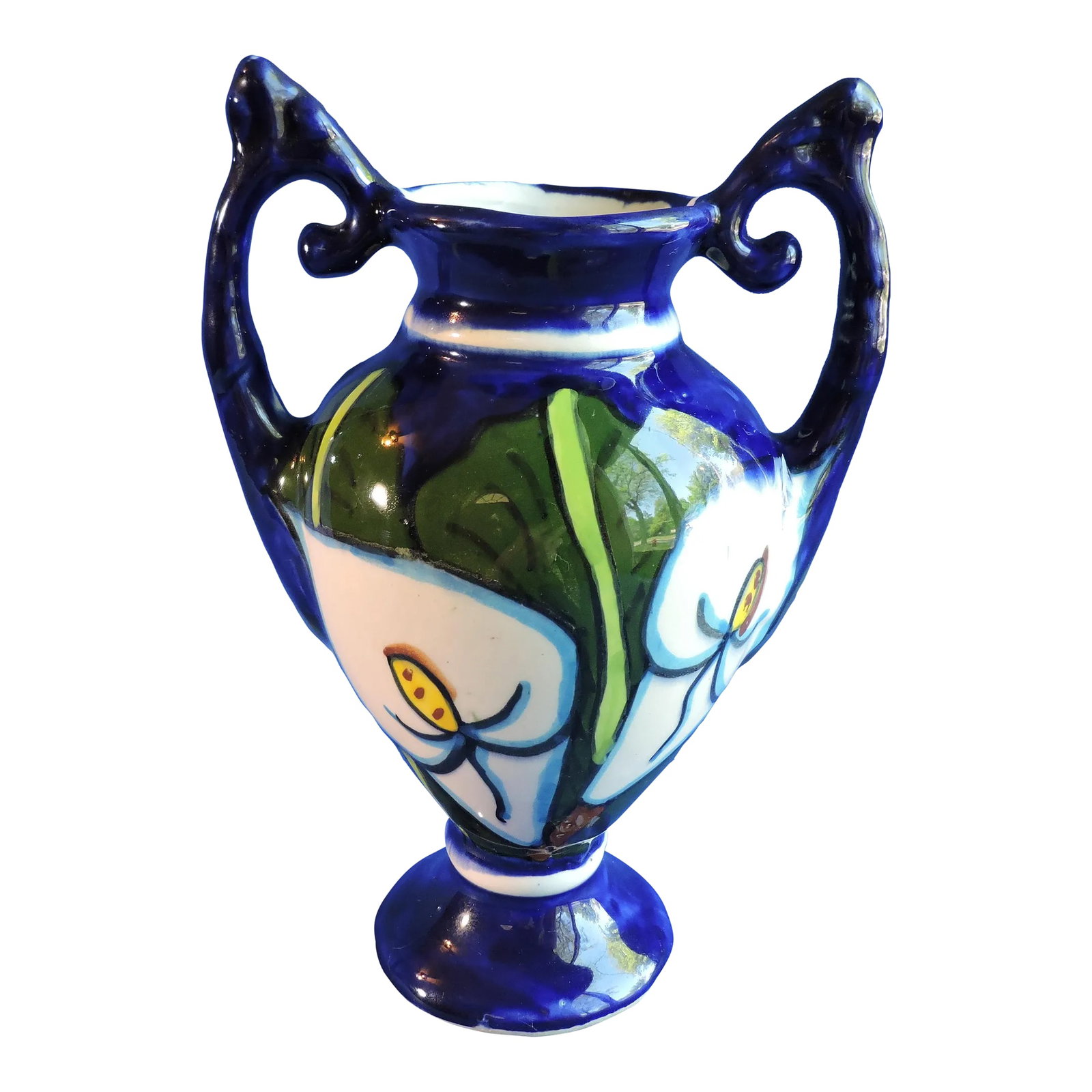 Vintage Italian Studio Art Pottery Two Handled Vase Cobalt Blue Hand Glazed Jack in the Pulpit Flowe: This Italian hand made studio art pottery two handled vase was made in Italy by the artist T. Mekilo and it was made some time around the 1980's. This vase was hand made and wheel thrown then hand pai