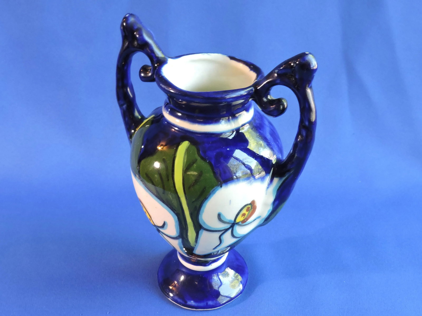Vintage Italian Studio Art Pottery Two Handled Vase Cobalt Blue Hand Glazed Jack in the Pulpit Flowe - 2